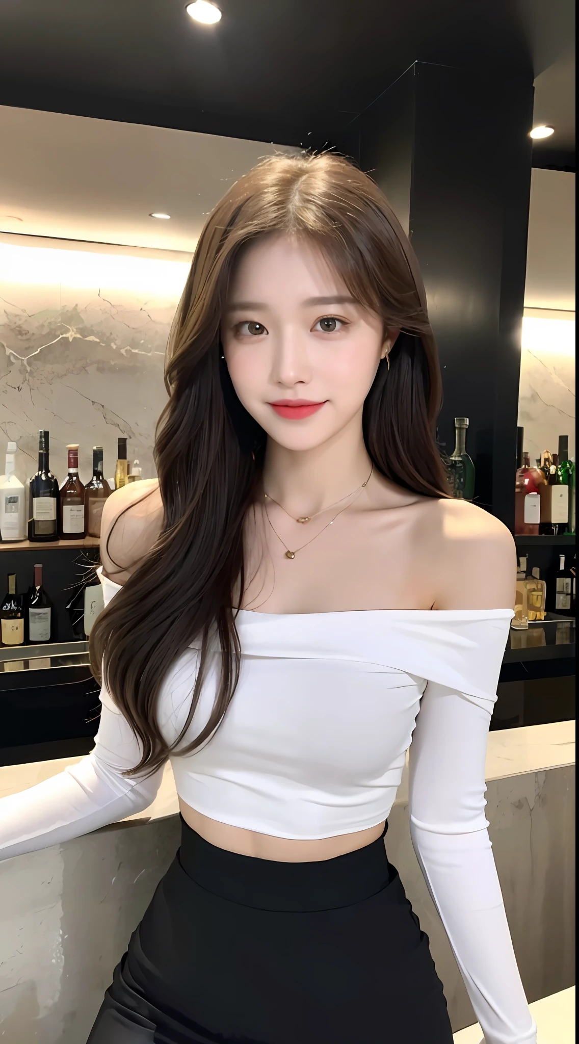 A superb exquisite real beautiful girl, golden long curly hair, extremely exquisite facial features, peerless beautiful girl, collarbone off-the-shoulder, white crop top shirt, black JK skirt, exposed legs, sweet smile, soft, dreamy quality, light white and dark brown, exaggerated facial features, solid color, frank off-white, surreal, blue gemstone necklace, ultra-clear, beautiful young girl, cute and lively, super short leggings, background at the bar counter