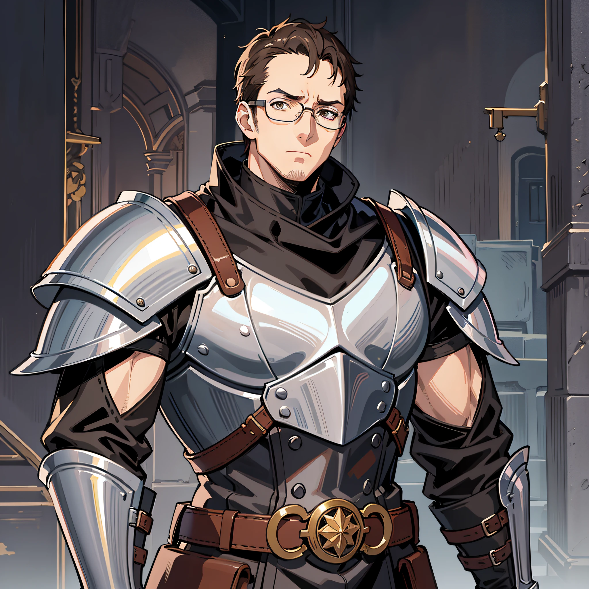 Screenshots of Anime A brown-haired, short-haired, bespectacled man dressed in a medieval European knight's costume stands looking at us with a troubled expression. The figure is lean. Fine line art 2020s anime --auto --s2