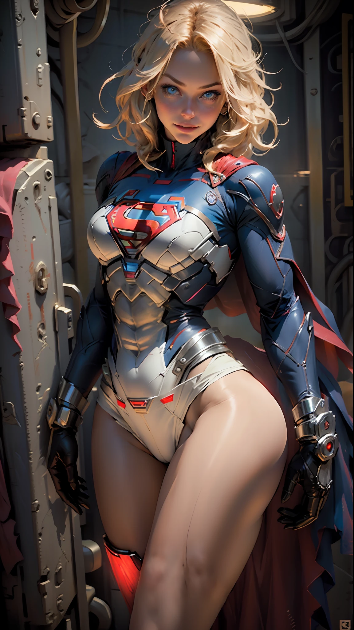 Supergirl body set thick thighs cybernetic body parts, short underwear, blonde with blue eyes, superman S symbol on the chest, detailed face, gorgeous, gorgeous smile.