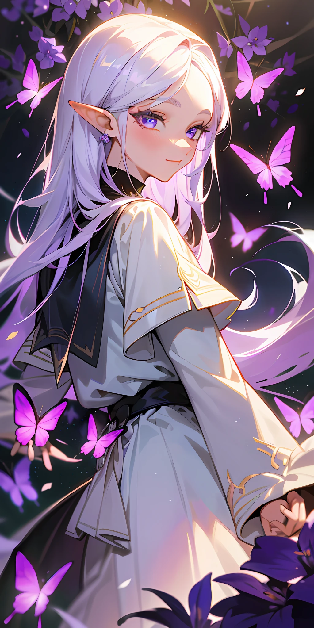 (masterpiece, best quality, perfect face, stunning eyes, long eyelashes, light eyelashes, perfect hands, perfect body, flawless, HD quality, 4K Quality, 1080p quality, highly detailed),1male, albino, long white hair, parted bangs, long pointy ears, smiling slightly, slight blush, violet colored eyes, standing in a field of purple violet plants and flowers, glowing butterflies flying around, half body, lending hand for butterfly, warm lighting, cleric clothing, long sleeves, blurry foreground