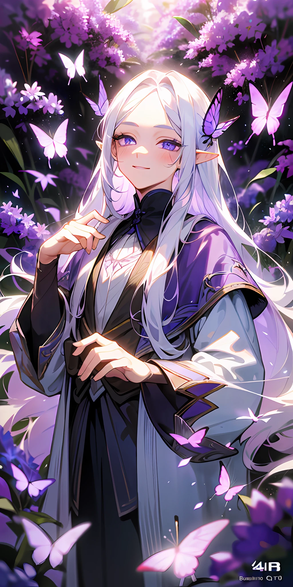 (masterpiece, best quality, perfect face, stunning eyes, long eyelashes, light eyelashes, perfect hands, perfect body, flawless, HD quality, 4K Quality, 1080p quality, highly detailed),1male, albino, long white hair, parted bangs, long pointy ears, smiling slightly, slight blush, violet colored eyes, standing in a field of purple violet plants and flowers, glowing butterflies flying around, half body, lending hand for butterfly, warm lighting, cleric clothing, long sleeves, blurry foreground