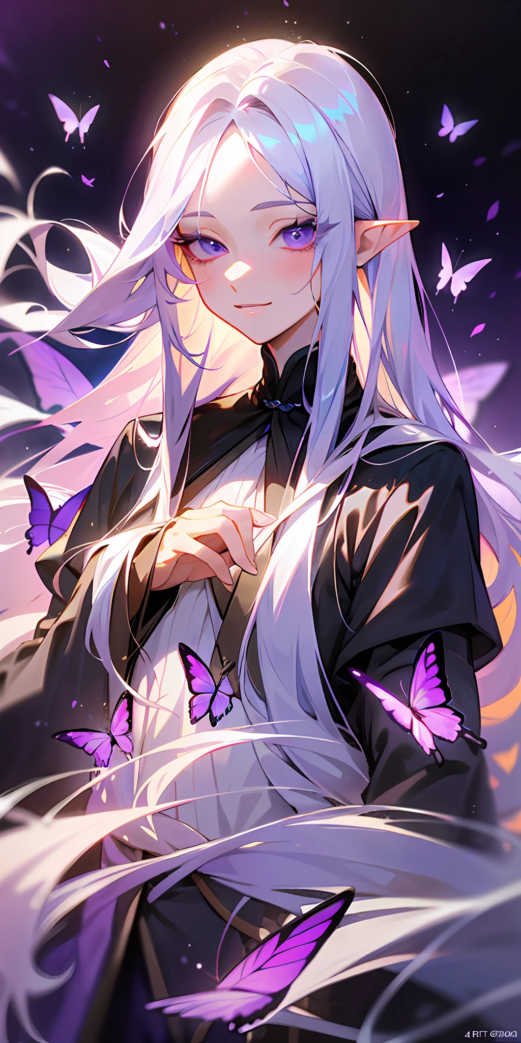 (masterpiece, best quality, perfect face, stunning eyes, long eyelashes, light eyelashes, perfect hands, perfect body, flawless, HD quality, 4K Quality, 1080p quality, highly detailed),1male, albino, long white hair, parted bangs, long pointy ears, smiling slightly, slight blush, violet colored eyes, standing in a field of purple violet plants and flowers, glowing butterflies flying around, half body, lending hand for butterfly, warm lighting, cleric clothing, long sleeves, blurry foreground