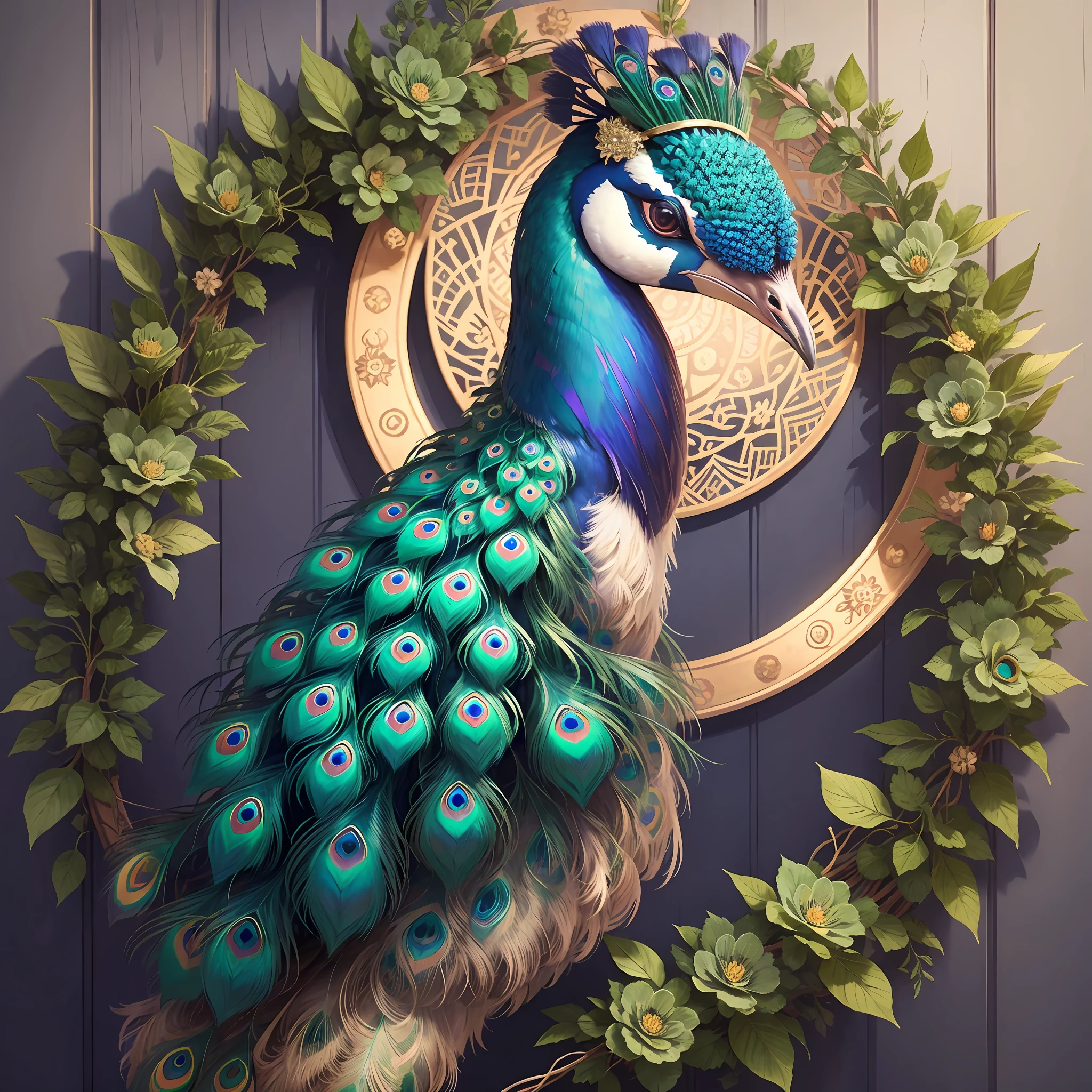 Peacock in front of a circular garland, front, indoor --auto --s2