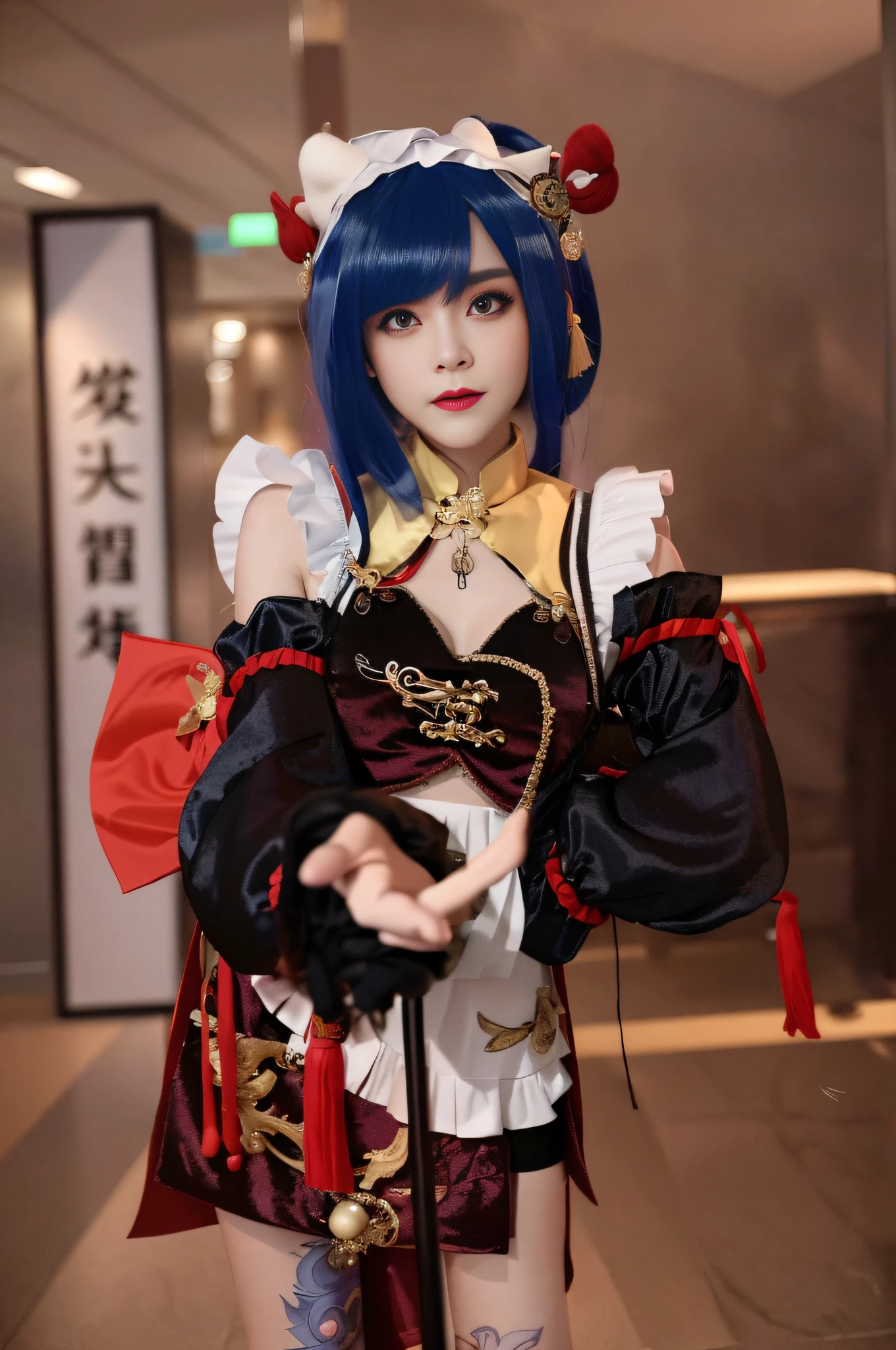 there is a woman with blue hair and a blue wig holding a cane, anime girl cosplay, anime cosplay, zhongli from genshin impact, keqing from genshin impact, ornate cosplay, cosplay, professional cosplay, cosplay photo, ayaka genshin impact, ayaka cosplay, ayaka game genshin impact, cosplayer, loli, full body xianxia