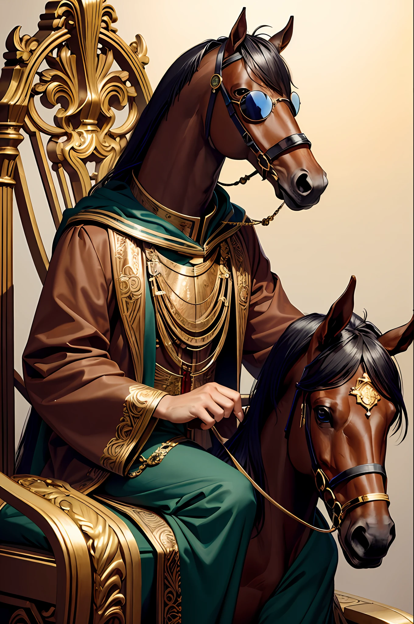 masterpiece, best quality, realistic, fashion horse, foal, human horse head, glasses on head, gear, gemstone, sunglasses, gold, jewelry, magic circle, male_focus, pants, shoes, sunglasses, tassel, throne,