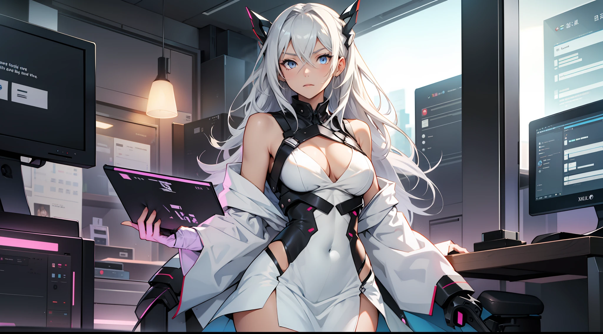 A girl with long silver hair, pronounced cleavage, white gauze skirt, delicate face, perfect body proportions, thin waist, slender legs, milky skin, lost, office, in front of the computer