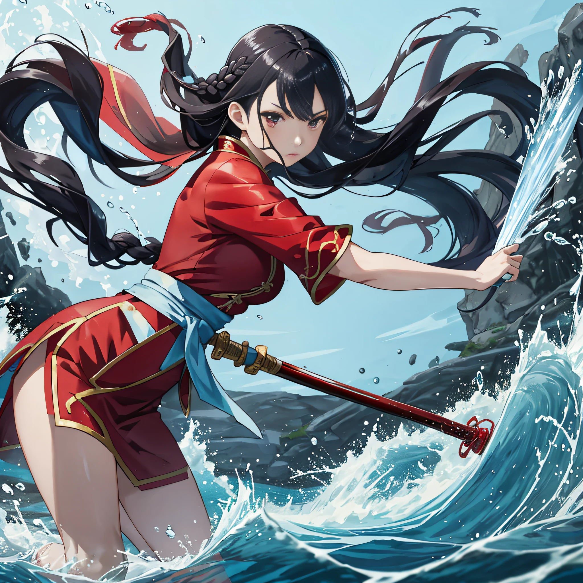 Masterpiece, 1girl, close up, wear red hanfu, Chinese Traditional cloth, ((holding a water sword,)) long black hair, hair braid, blue wave background, water effect, ink painting style, dynamic pose, battle pose