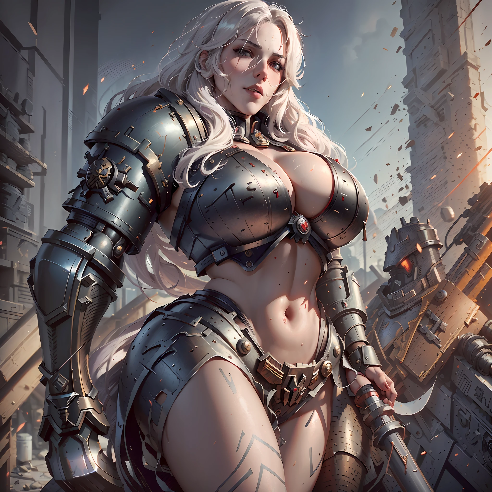 ((masterpiece, best quality)), huge resolution, sister of battle, white hair styled in loose waves, (warhammer 40k:1.1), (black power armor:1.1), purity seals, sexual expression, (grimdark style:1.1), red robes, breast enhancements, cleavage focus,