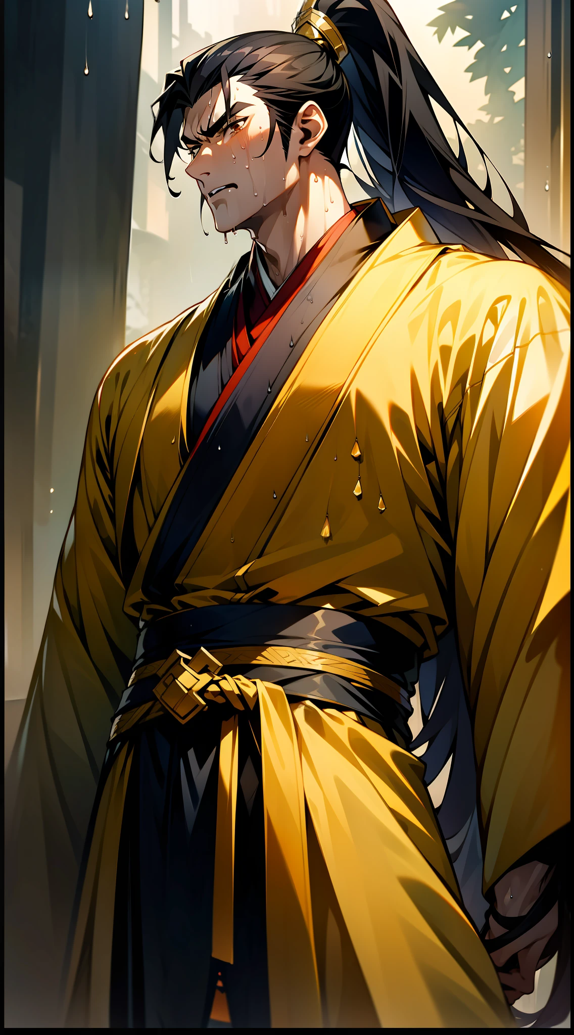 Two-dimensional, anime style, man (male warrior), muscle, correct proportions, face details, martial arts, high ponytail hairstyle, sweating, sweaty face, drooling, neck details, with Adam's apple, wet, wet, Hanfu costume, long robe, embroidered robe, dragon robe, clothing details, collar, long sleeves, game quality, swordsman demeanor, light and shadow tracing, ray tracing, detail glow, CG rendering, hair details, long black hair, golden eyes, sweaty face, handsome, handsome, sweat beads slipping down the neck, (juvenile feeling), complex clothing, wet, wet, perfect composition, refinement, high quality, more details, a lot of details, complex background, atmosphere,