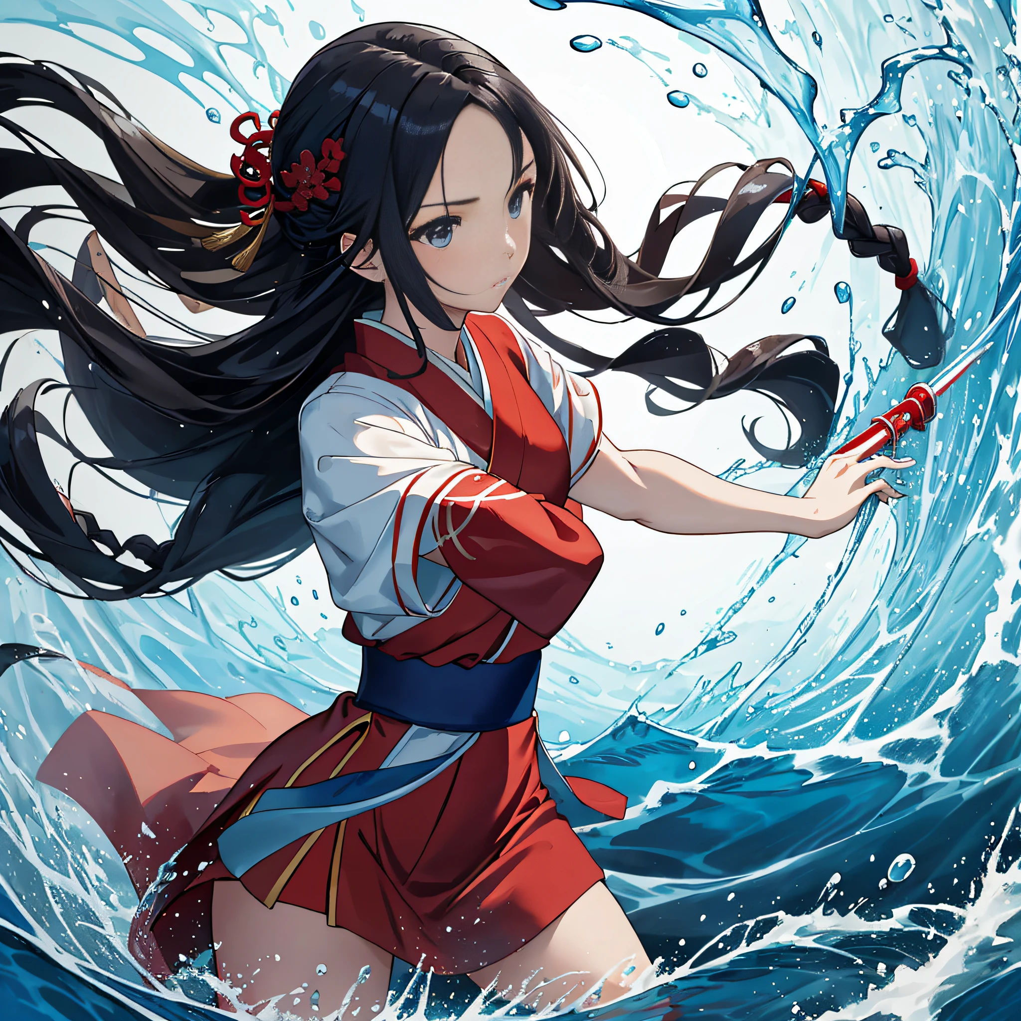 Masterpiece, 1girl, close up, wear red hanfu, Chinese Traditional cloth, ((holding a water sword,)) long black hair, hair braid, blue wave background, water effect, ink painting style, dynamic pose, battle pose