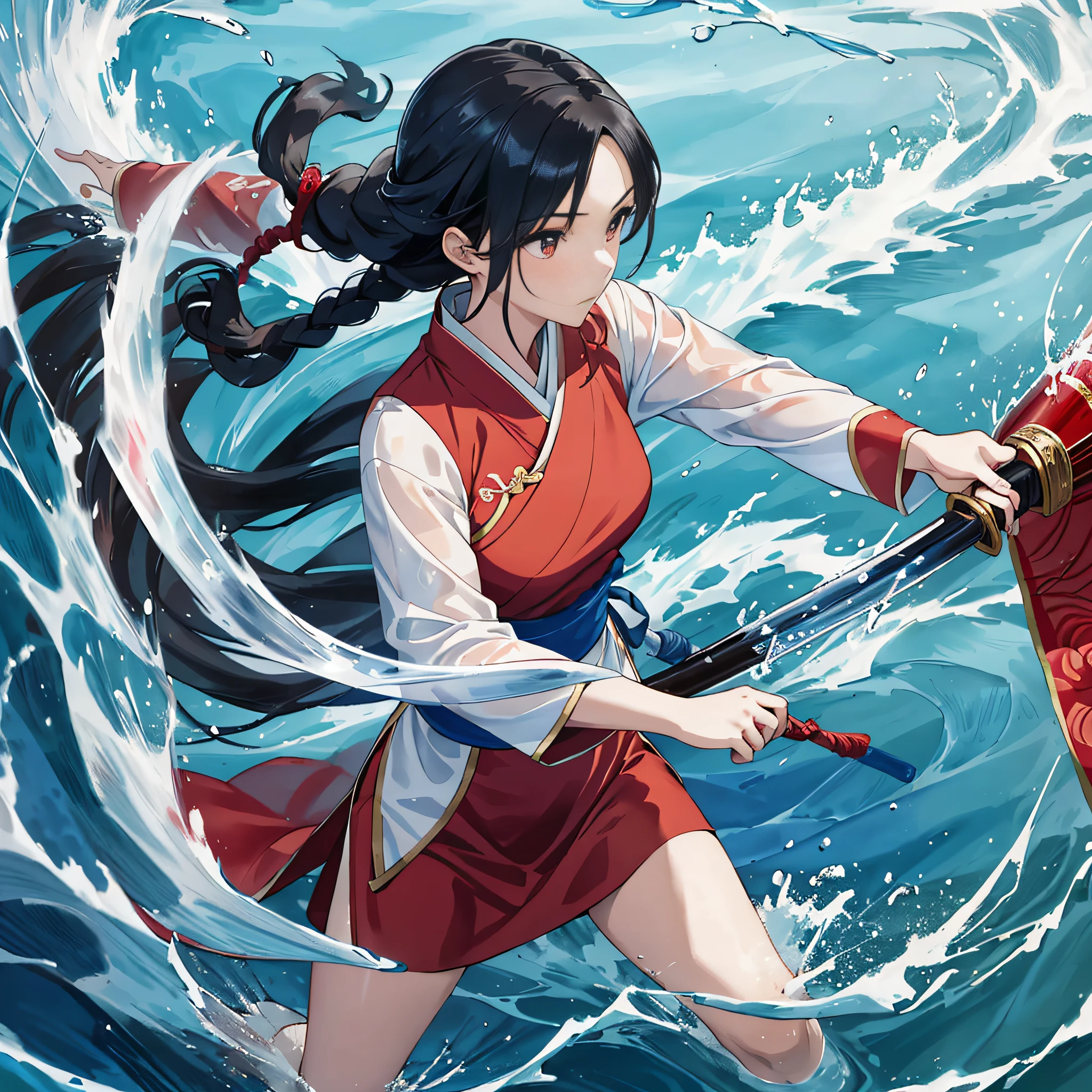 Masterpiece, 1girl, close up, wear red hanfu, Chinese Traditional cloth, ((holding a water sword,)) long black hair, hair braid, blue wave background, water effect, ink painting style, dynamic pose, battle pose