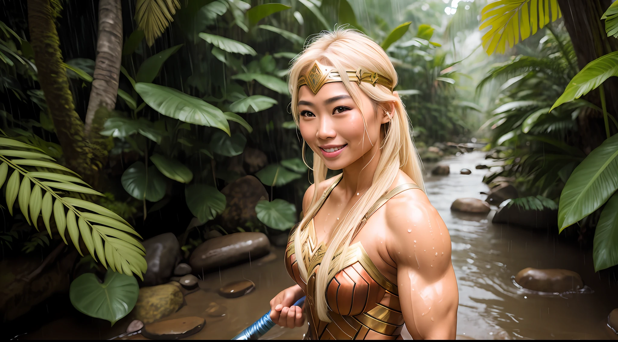 a beautiful young Asian woman with blond hair as an Amazon warrior with headband like wonder woman, in the jungle, bodybuilder physique, wet in the rain, smiling