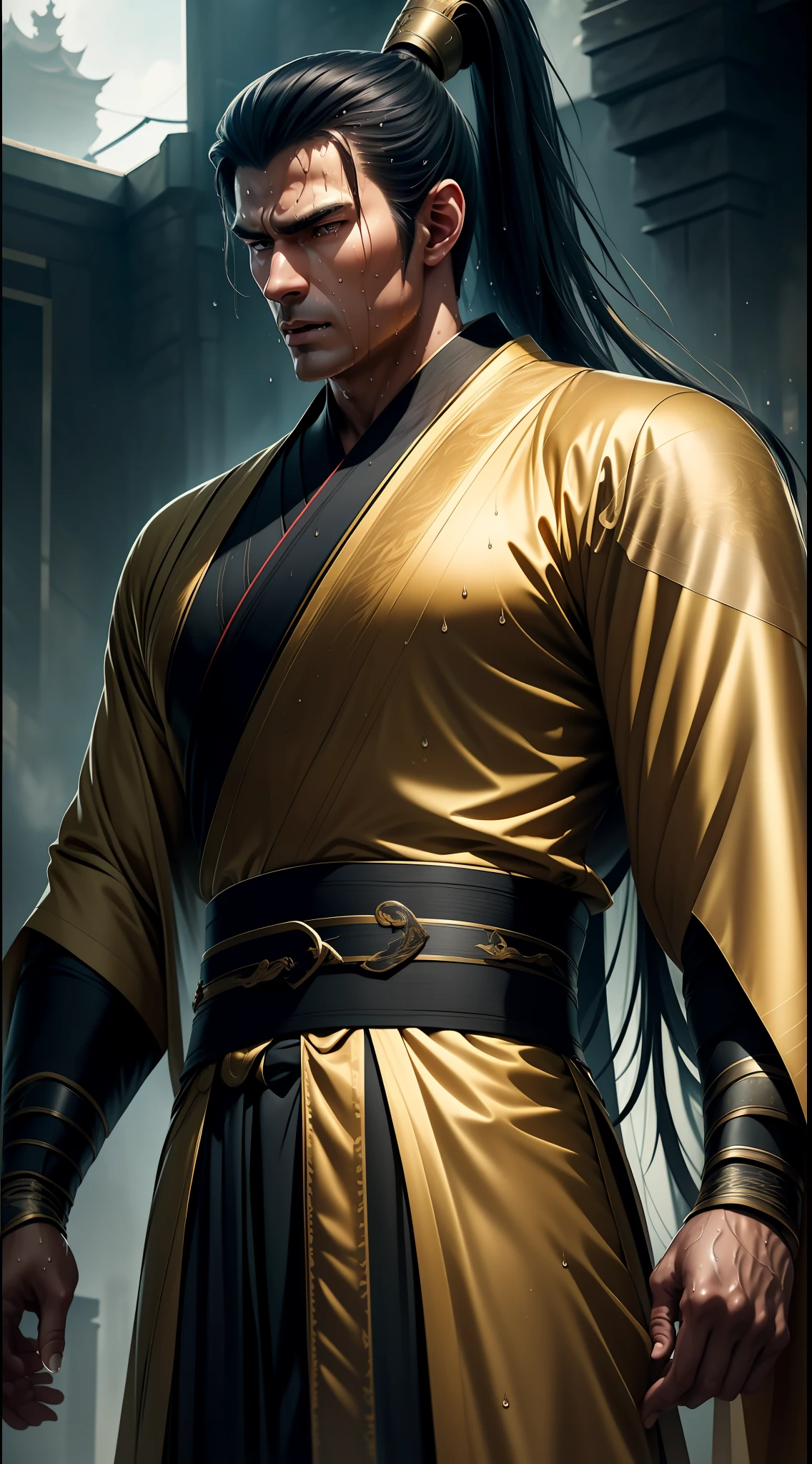 Two-dimensional, anime style, man (male warrior), muscle, correct proportions, face details, martial arts, high ponytail hairstyle, sweating, sweaty face, drooling, neck details, with Adam's apple, wet, wet, Hanfu costume, long robe, embroidered robe, dragon robe, clothing details, collar, long sleeves, game quality, swordsman demeanor, light and shadow tracing, ray tracing, detail glow, CG rendering, hair details, long black hair, golden eyes, sweaty face, handsome, handsome, sweat beads slipping down the neck, (juvenile feeling), complex clothing, wet, wet, perfect composition, refinement, high quality, more details, a lot of details, complex background, atmosphere,