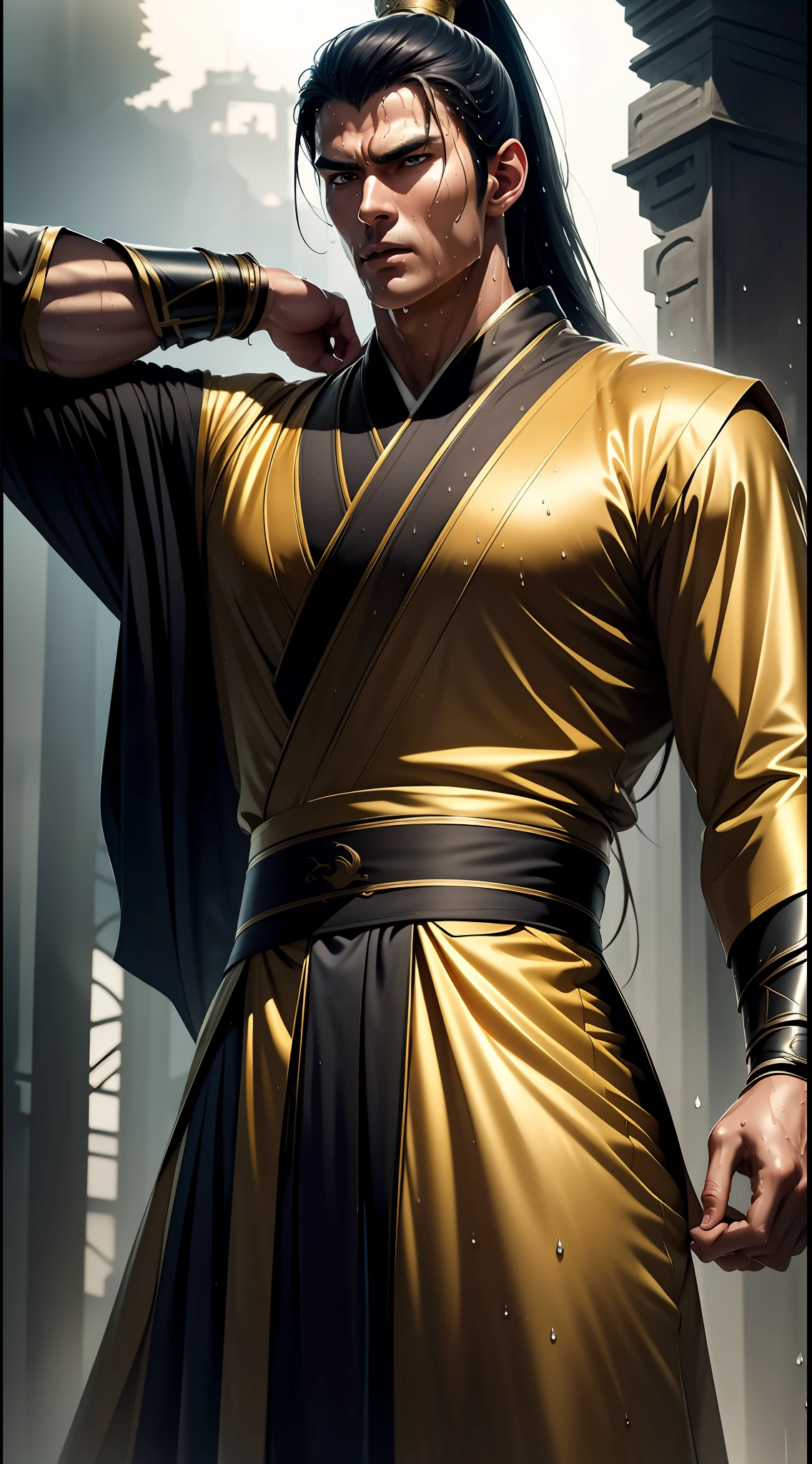 Two-dimensional, anime style, man (male warrior), muscle, correct proportions, face details, martial arts, high ponytail hairstyle, sweating, sweaty face, drooling, neck details, with Adam's apple, wet, wet, Hanfu costume, long robe, embroidered robe, dragon robe, clothing details, collar, long sleeves, game quality, swordsman demeanor, light and shadow tracing, ray tracing, detail glow, CG rendering, hair details, long black hair, golden eyes, sweaty face, handsome, handsome, sweat beads slipping down the neck, (juvenile feeling), complex clothing, wet, wet, perfect composition, refinement, high quality, more details, a lot of details, complex background, atmosphere,
