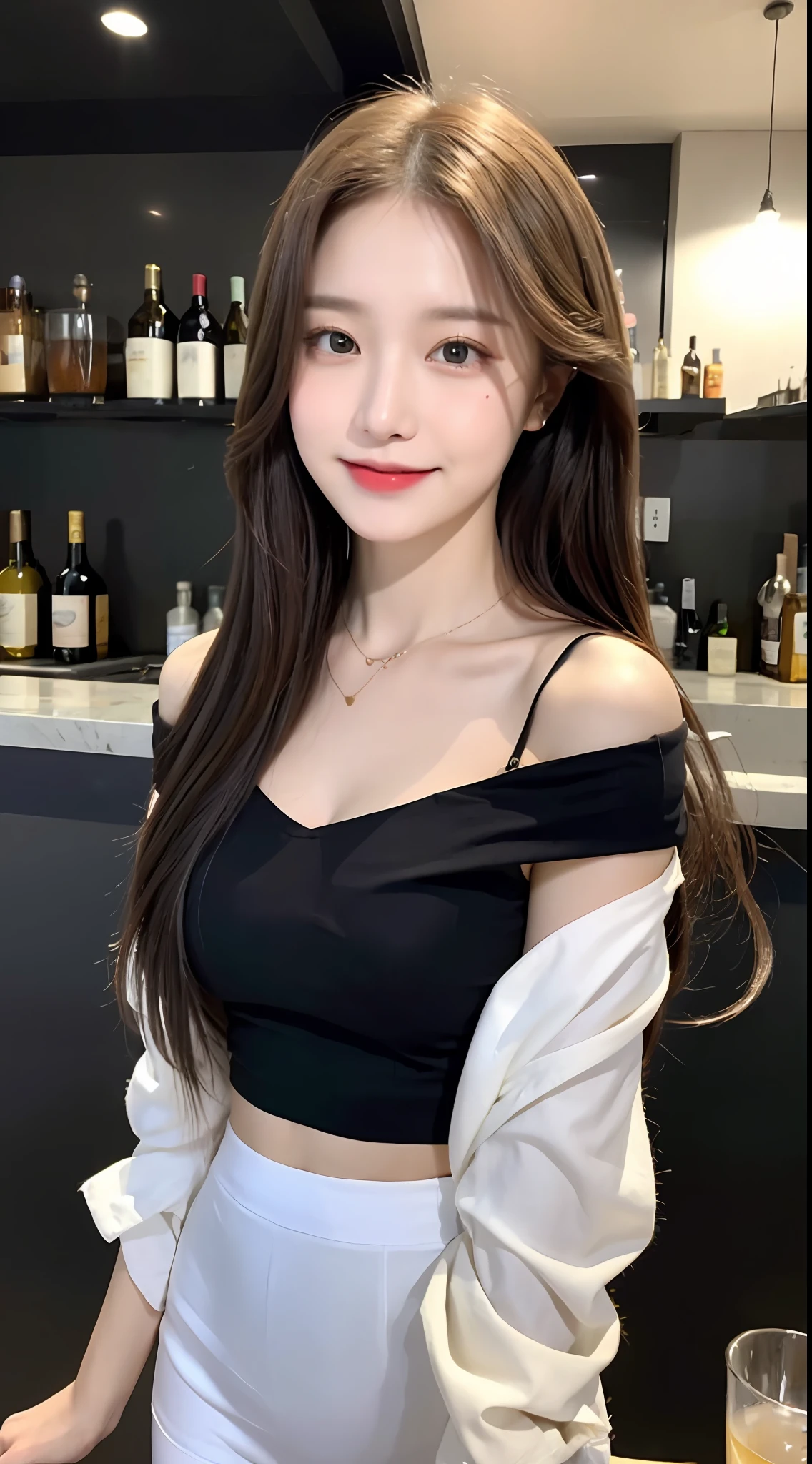 A superb exquisite real beautiful girl, golden long curly hair, extremely exquisite facial features, peerless beautiful girl, collarbone off-the-shoulder, white crop top shirt, black JK skirt, exposed legs, sweet smile, soft, dreamy quality, light white and dark brown, exaggerated facial features, solid color, frank off-white, surreal, blue gemstone necklace, ultra-clear, beautiful young girl, cute and lively, super short leggings, background at the bar counter