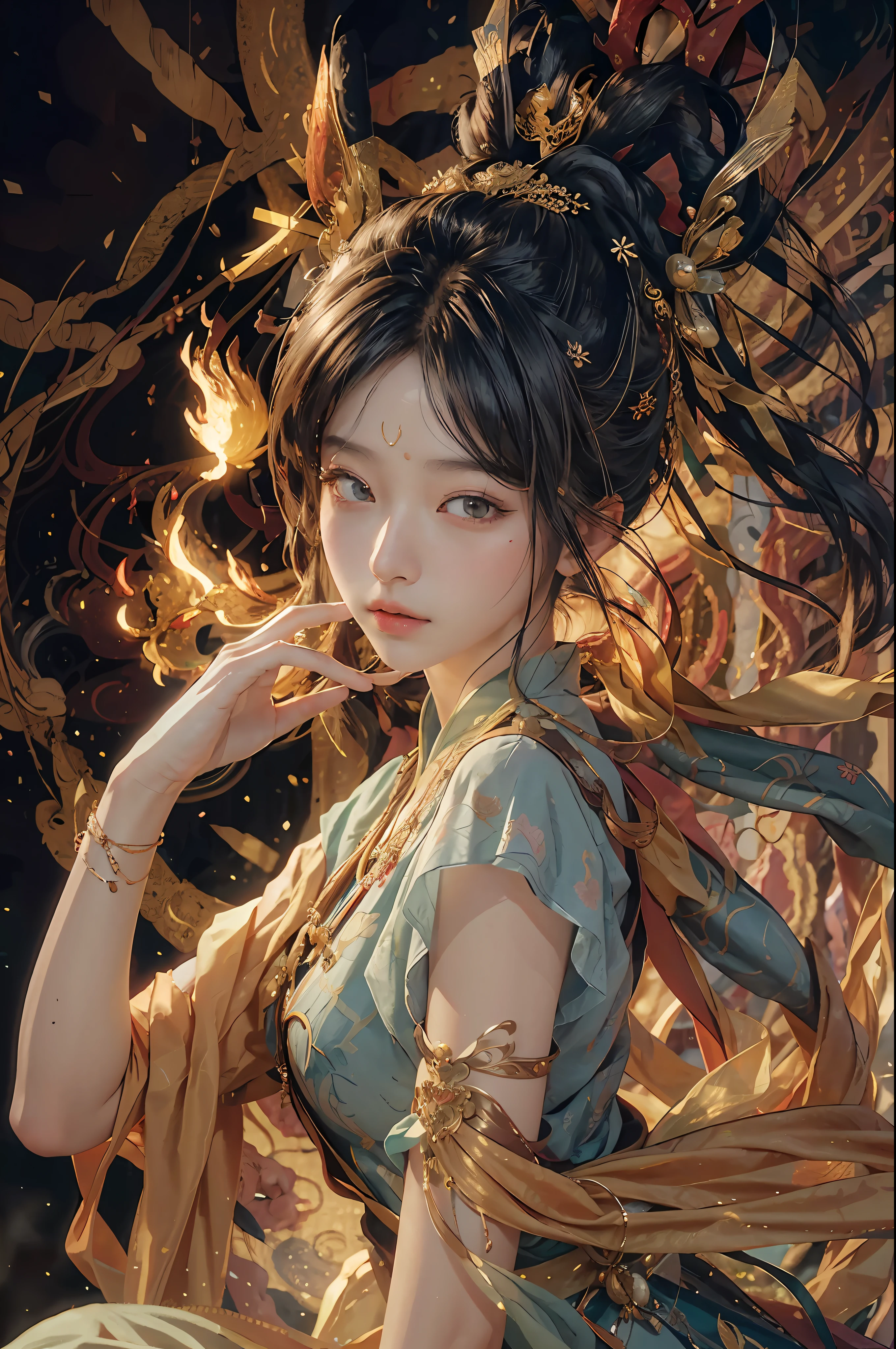 (RAW photo, best quality), (realistic, photo-realistic:1.3), best quality, highly detailed, masterpiece, ultra-detailed, illustration, 1girl, upper_body, dynamic angle, world mastery theater, messy_long_hair,best quality, extremely detailed CG unity 8k壁纸,墨水,惊人,电影灯光,lens_flare,dunhuang_style,橙色,敦煌飞天,大月亮