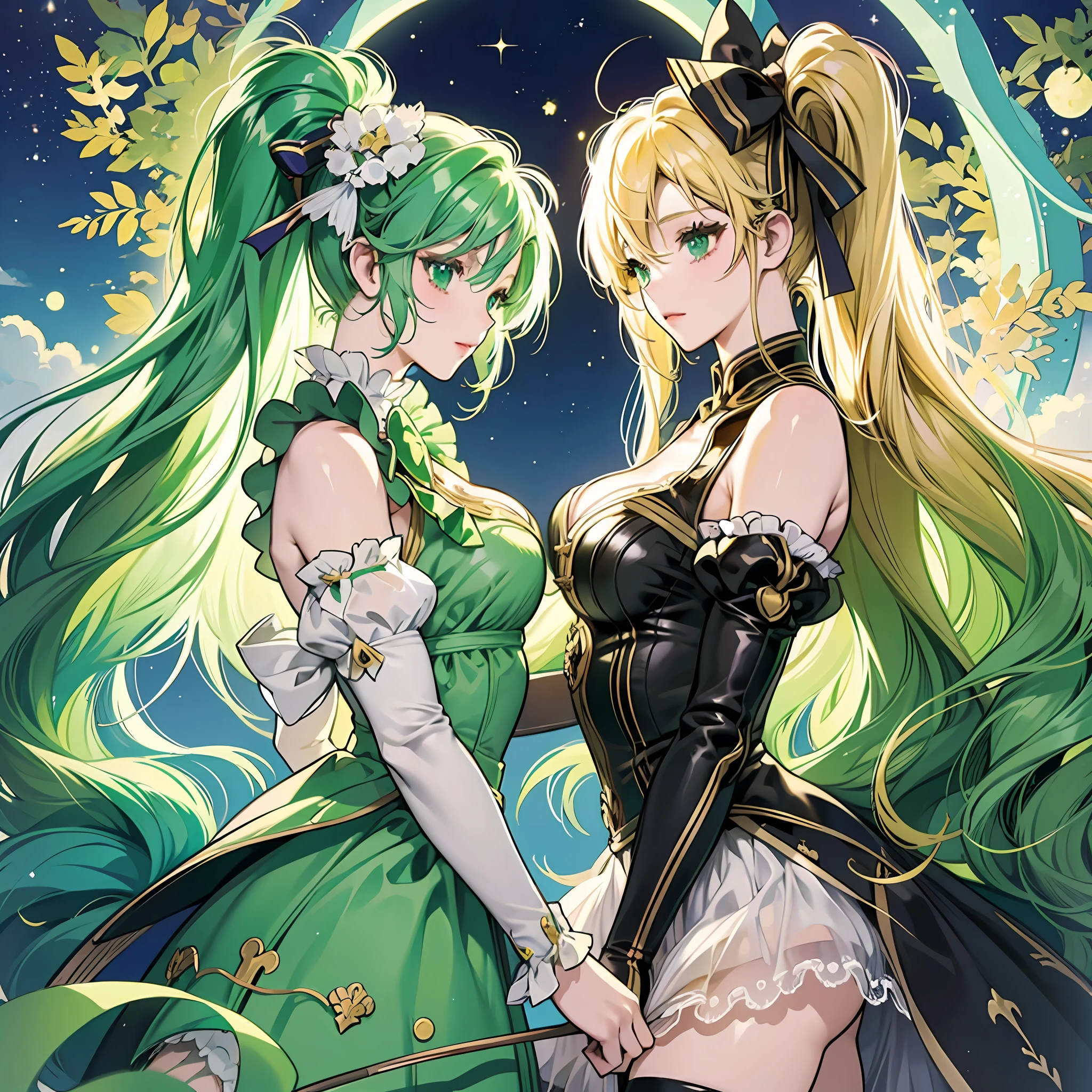 Magical girl, green hair and blonde, anime girl in sexy costume posing in front of full moon, two beautiful anime girls, anime girl, nightcore, anime style 4K, best anime 4K konachan wallpaper, two pure moons, twin tails, ultra hd anime wallpaper, 4k anime wallpaper --auto --s2