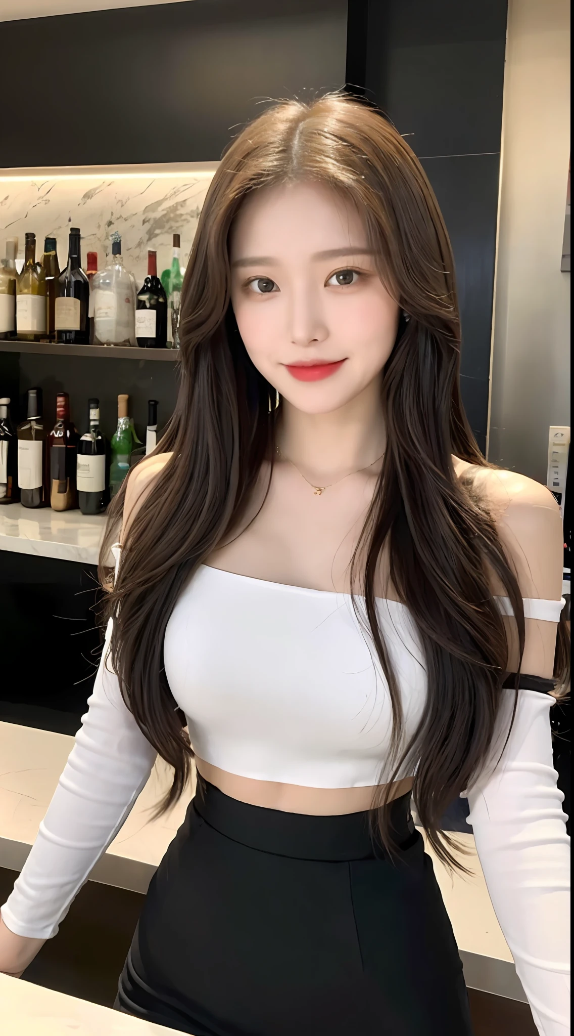 A superb exquisite real beautiful girl, golden long curly hair, extremely exquisite facial features, peerless beautiful girl, collarbone off-the-shoulder, white crop top shirt, black JK skirt, exposed legs, sweet smile, soft, dreamy quality, light white and dark brown, exaggerated facial features, solid color, frank off-white, surreal, blue gemstone necklace, ultra-clear, beautiful young girl, cute and lively, super short leggings, background at the bar counter