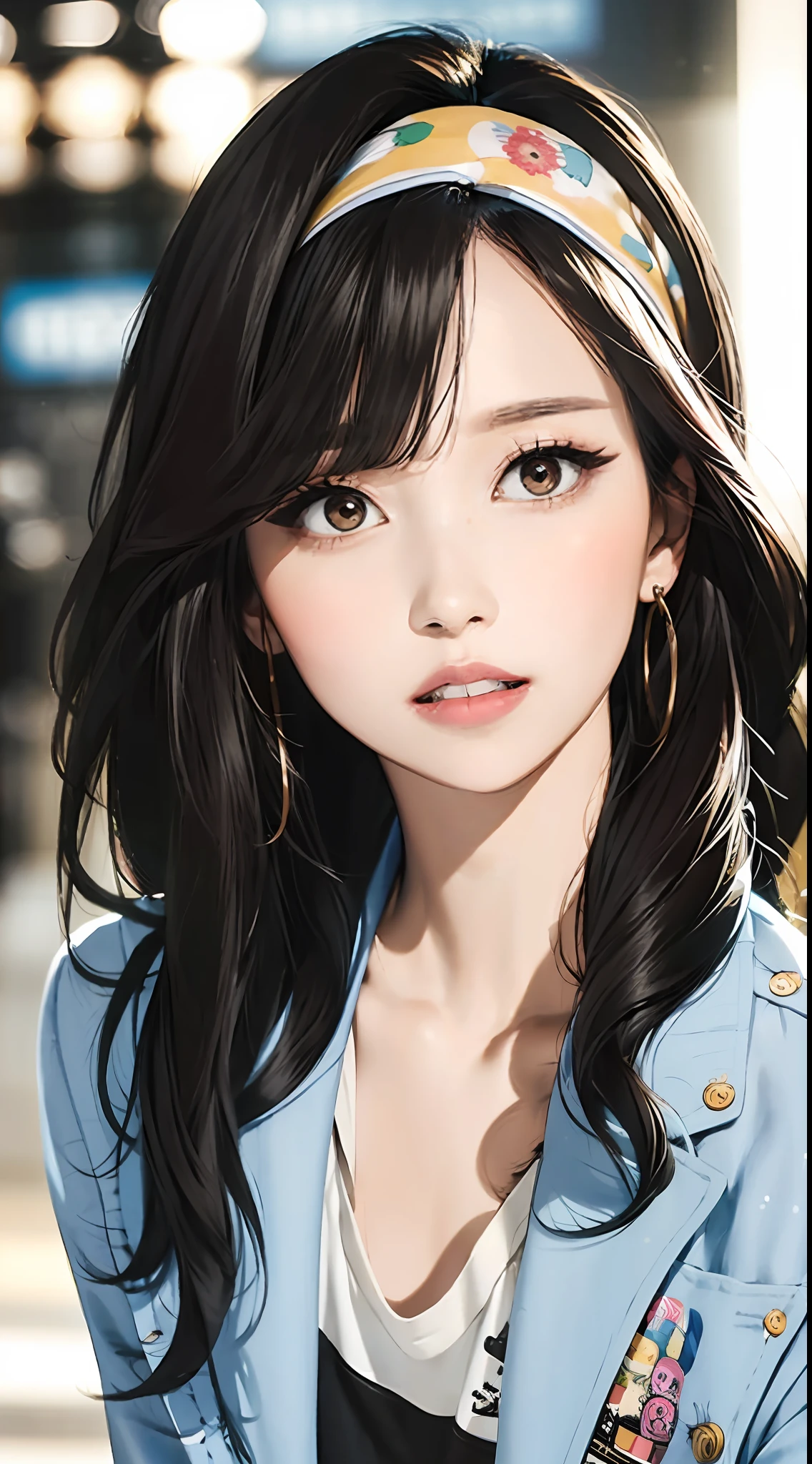 (masterpiece, best quality), beautiful woman, cute printed cropped shirt, jacket, jeans, short wavy hair, headband, asymmetrical bangs, perfect face, beautiful face, alluring, big gorgeous eyes, soft smile, perfect slim fit body, city streets, seoul, bright colors