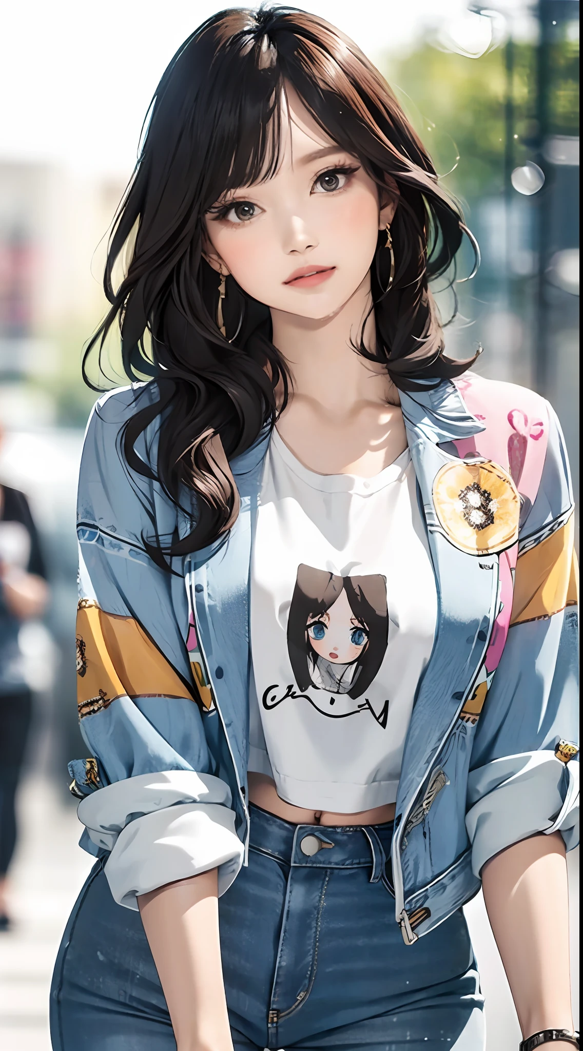 (masterpiece, best quality), beautiful woman, cute printed cropped shirt, jacket, jeans, short wavy hair, headband, asymmetrical bangs, perfect face, beautiful face, alluring, big gorgeous eyes, soft smile, perfect slim fit body, city streets, seoul, bright colors