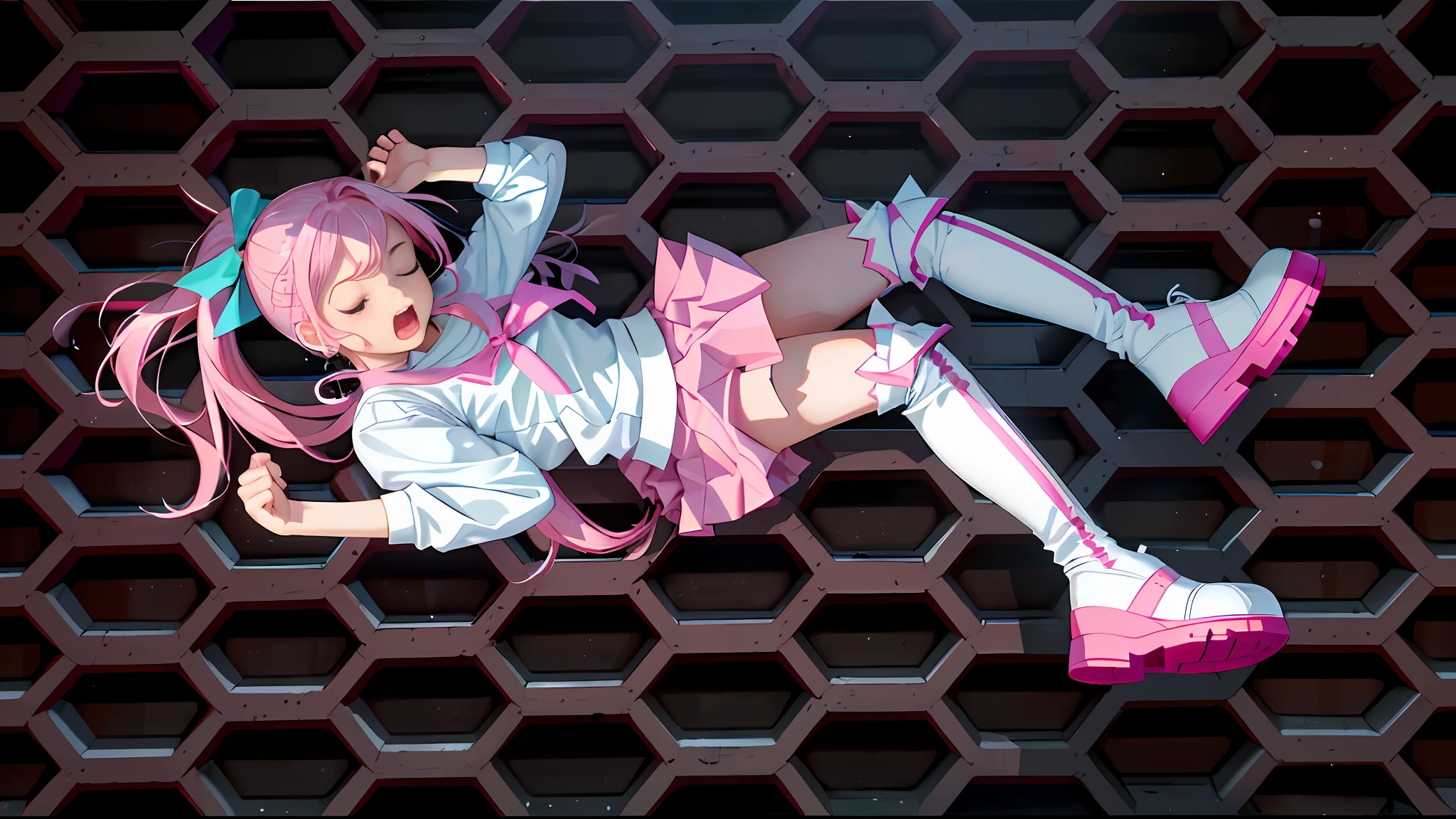 (Masterpiece: 1.5), (Best quality: 1.5), 8k,1 girl, cute face, eyes closed, mouth open, scream, my pink hair, single ponytail, white top, pink pleated skirt, pink over-the-knee socks, white boots, perfect hands, hallway ,artistic light,