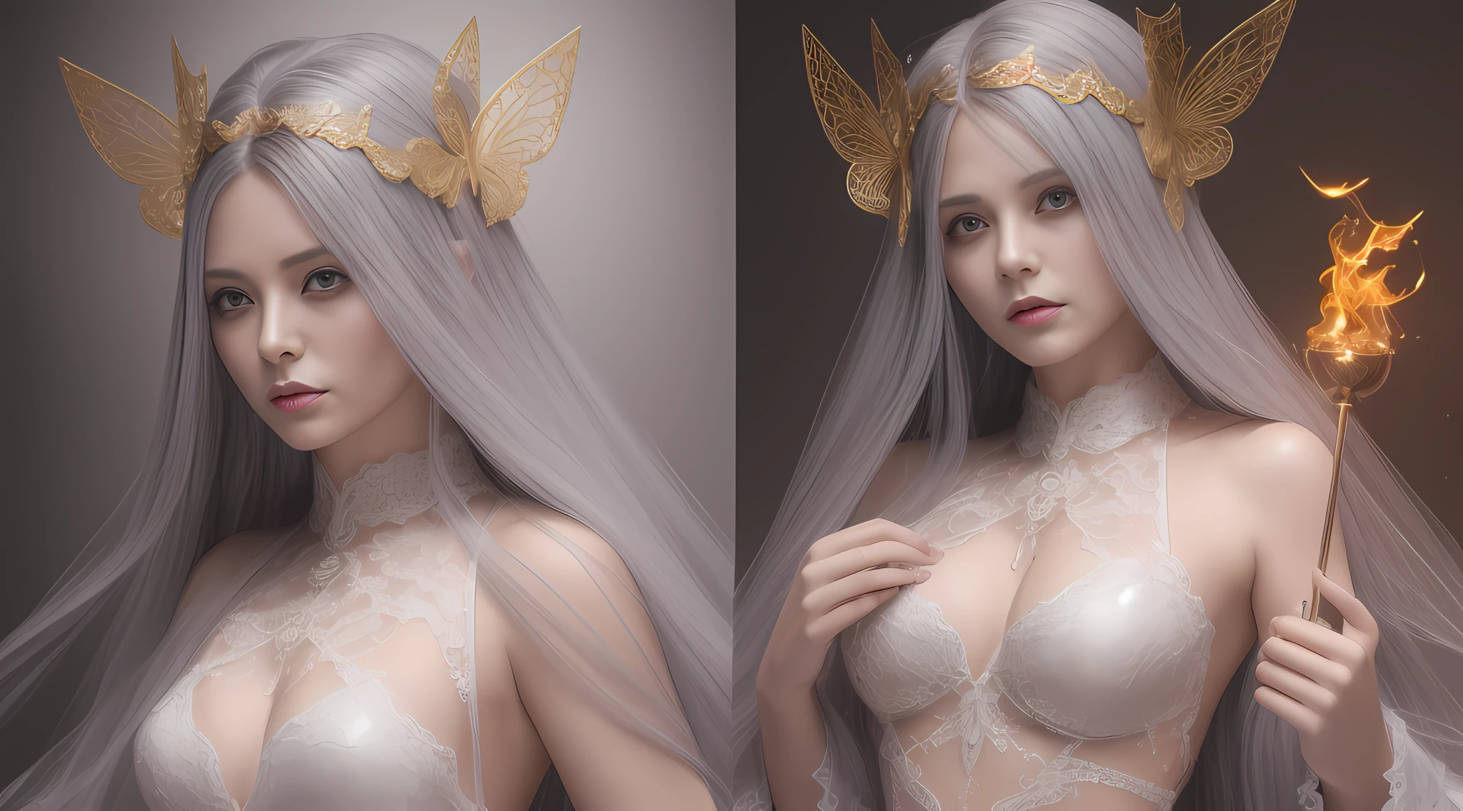 Highly detailed RAW color photo, toned physique, (elegant, beautiful face), (detailed skin), (oil: 0.4), (Tesla coil: 0.4), soft lighting, (side lighting: 0.8), shadow casting, deep focus, shot on Leica 10772 M-P, 85mm macro lens, f/8 aperture, film still image, (a woman in a white lace dress holding a fireball with body horror body: 1.2), gold wire butterfly flying background, Concept art inspired by Ai Xuan, Artstation Contest Winner, Fantasy Art, Beautiful Celestial Mage, Body Horror Fantasy Empress, Full Body Fairy, Amazing Young Ethereal Figures, Beautiful Figure Painting, Beautiful Young Wind Spirit, Flowing Magic Robe, Beautiful Witch, Goddess of Terror, Beautiful Witch, Long Hair, Stylish Princess, (Very Detailed Face) (Very Detailed and Expressive Eyes), , Exposed Clothes, (Wet floor: 1.4), (Body horror zombie creature on floor: 1.2)