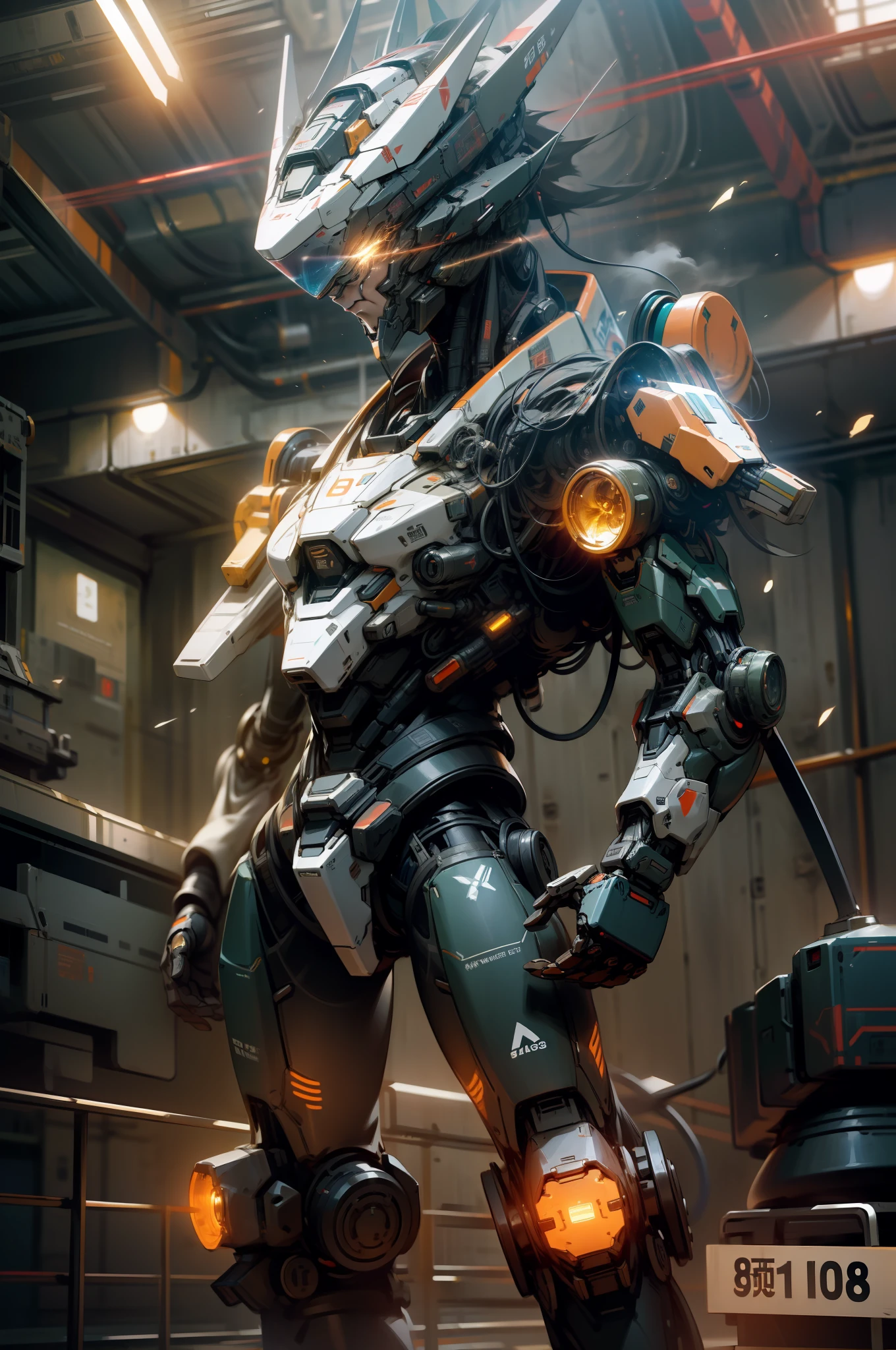A futuristic mech warrior, in outer space, gathering energy, emitting energy shockwaves, 8K resolution, cinematic lighting, best quality, masterpiece, ((high definition))