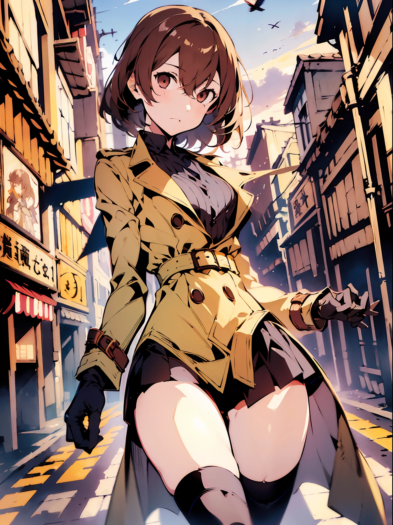 1girl, (solo:1.2), ((masterpiece)), (shadow), [slim], (small breasts), ((sharp focus)), pale skin, ((detailed eyes)), (blurry background), (dynamic angle), dynamic pose, female, gloves, akechi gorou, brown overcoat, brown hair, medium hair