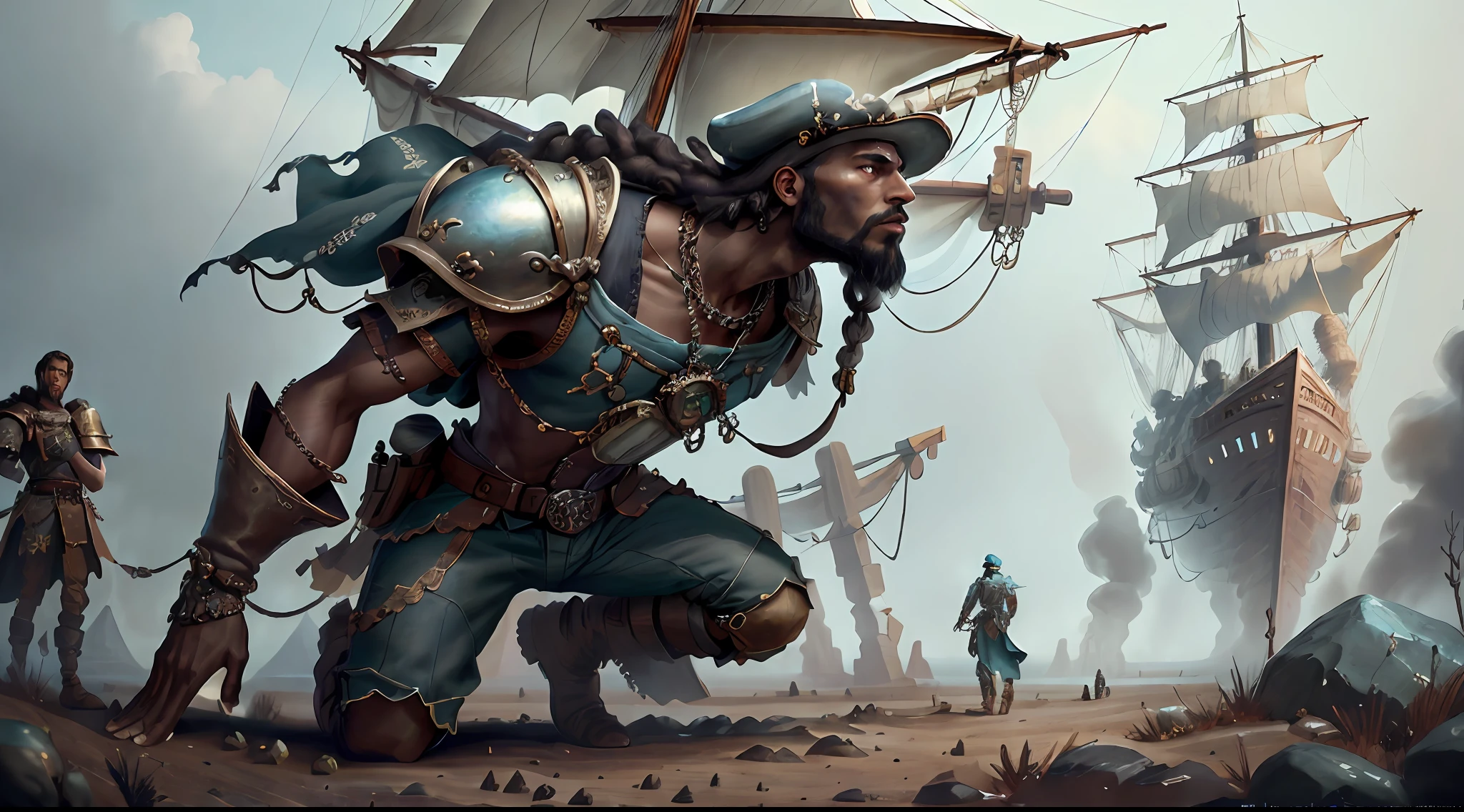 (((multi-person interaction, with men and women))), (highly detailed RAW color photos, ridiculous resolution, high resolution, super detailed), ((r 9 6 angles)), dark skin, handsome, fearless and brave expression, mature, thin shoulders, very thin body, black captive dark pirate hat, white dirty braids, vibrant green eyes, (detailed eyes and detailed face), extremely detailed 8k photo, (full body: 0.9), beautiful woman, outboard, offboard background, detailed face, (Medieval Fantasy Theme: 1.3), Light Blue Pirate Theme Armor with Highly Intricate Details, Blue Pants, Ship in the Background, Inside the Ship, Deck of the Ship, Inspired by Dungeons & Dragons, Digital Artwork, Surreal, Photography, Soft Lighting, Soft Detail, Octane, ArtStation Trend, Ultra High Detail, Surreal, Movie, 16k,