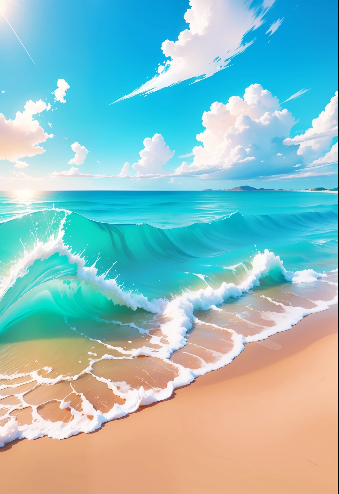 Summer seaside, beach, sunny weather, clear sky, sunny, colorful, happy summer vacation, simple picture, close-up, brilliant sunshine, distant waves, visual impact, 3D dreamWorks style