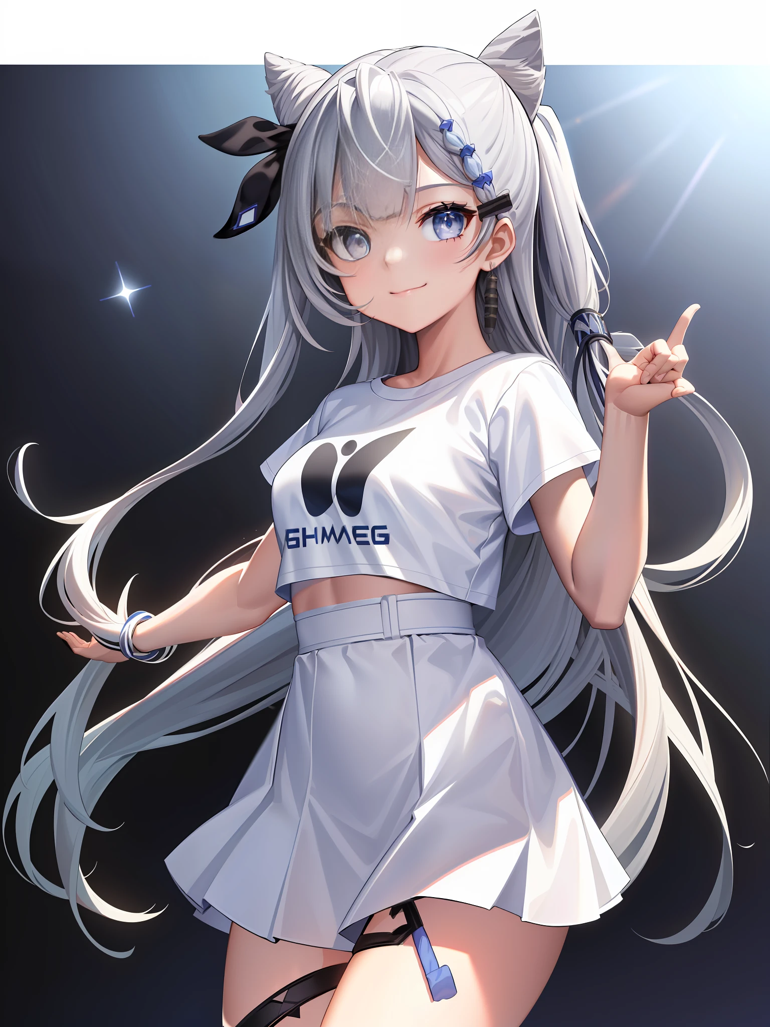 (masterpiece, best quality:1.2), cowboy shot, solo, 1girl, vestia zeta, virtual youtuber, smile, looking at viewer, hair ribbon, hair ornament, white dress, single thighhigh, thigh strap,
 A stylish space background one man design full of bubbles fluffy feeling summer sports T-hug space background Cyberpunk ((white sea blue: 1.3) + (fashion: 1.1) + (trendy: 1.2)), (puma logo ), (crown rendering), ((summer sports t-hu concept + concept art design): 1.3), (8K: 1.3), (2:3 aspect ratio + Q2 warm color), (750 pixels) , ((fashion elements) :( 1.1+ Navy white t-shirt combined with fashion elements)), (Dynamic: 5)