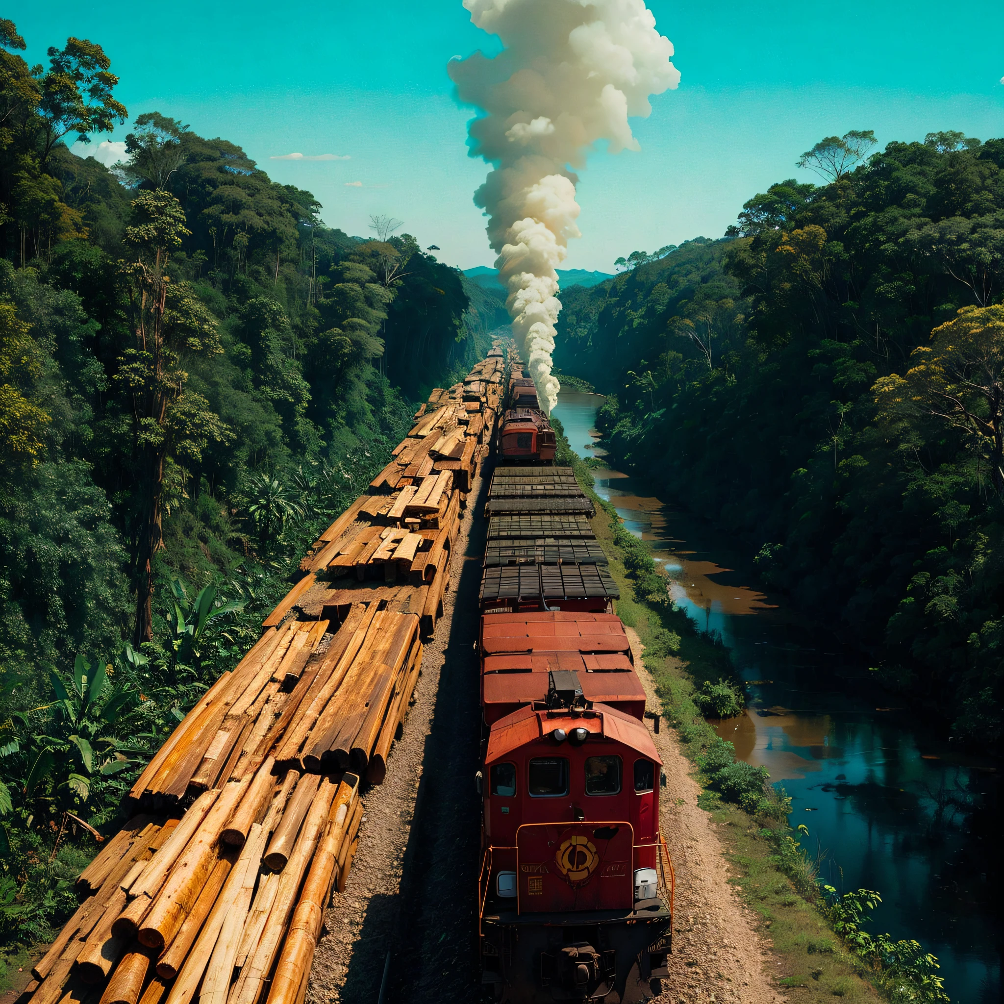 Iron train in the middle of the Amazon carrying wood from deforestation