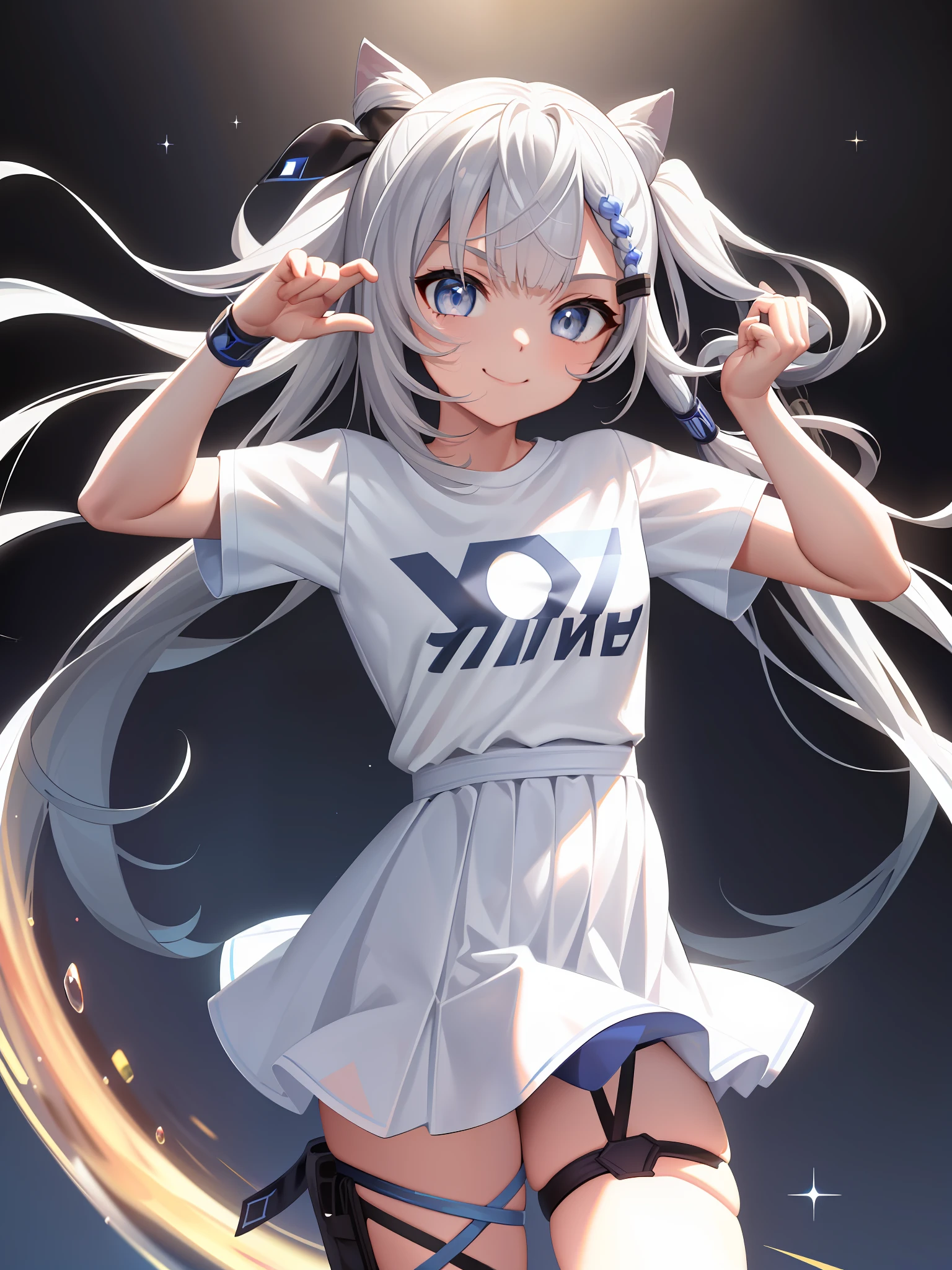 (masterpiece, best quality:1.2), cowboy shot, solo, 1girl, vestia zeta, virtual youtuber, smile, looking at viewer, hair ribbon, hair ornament, white dress, single thighhigh, thigh strap,
 A stylish space background one man design full of bubbles fluffy feeling summer sports T-hug space background Cyberpunk ((white sea blue: 1.3) + (fashion: 1.1) + (trendy: 1.2)), (puma logo ), (crown rendering), ((summer sports t-hu concept + concept art design): 1.3), (8K: 1.3), (2:3 aspect ratio + Q2 warm color), (750 pixels) , ((fashion elements) :( 1.1+ Navy white t-shirt combined with fashion elements)), (Dynamic: 5)