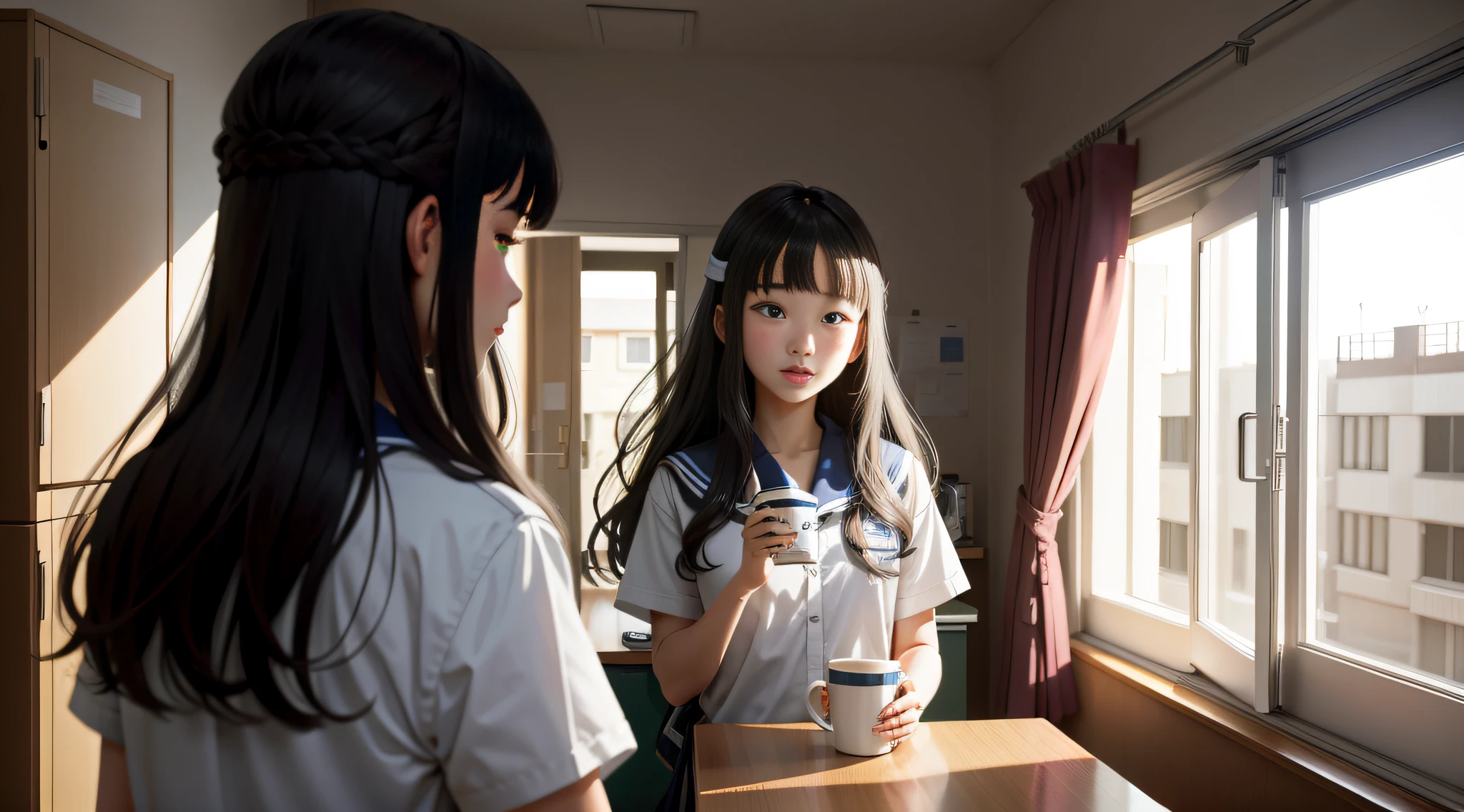 In the university dormitory, a few girls were chatting,