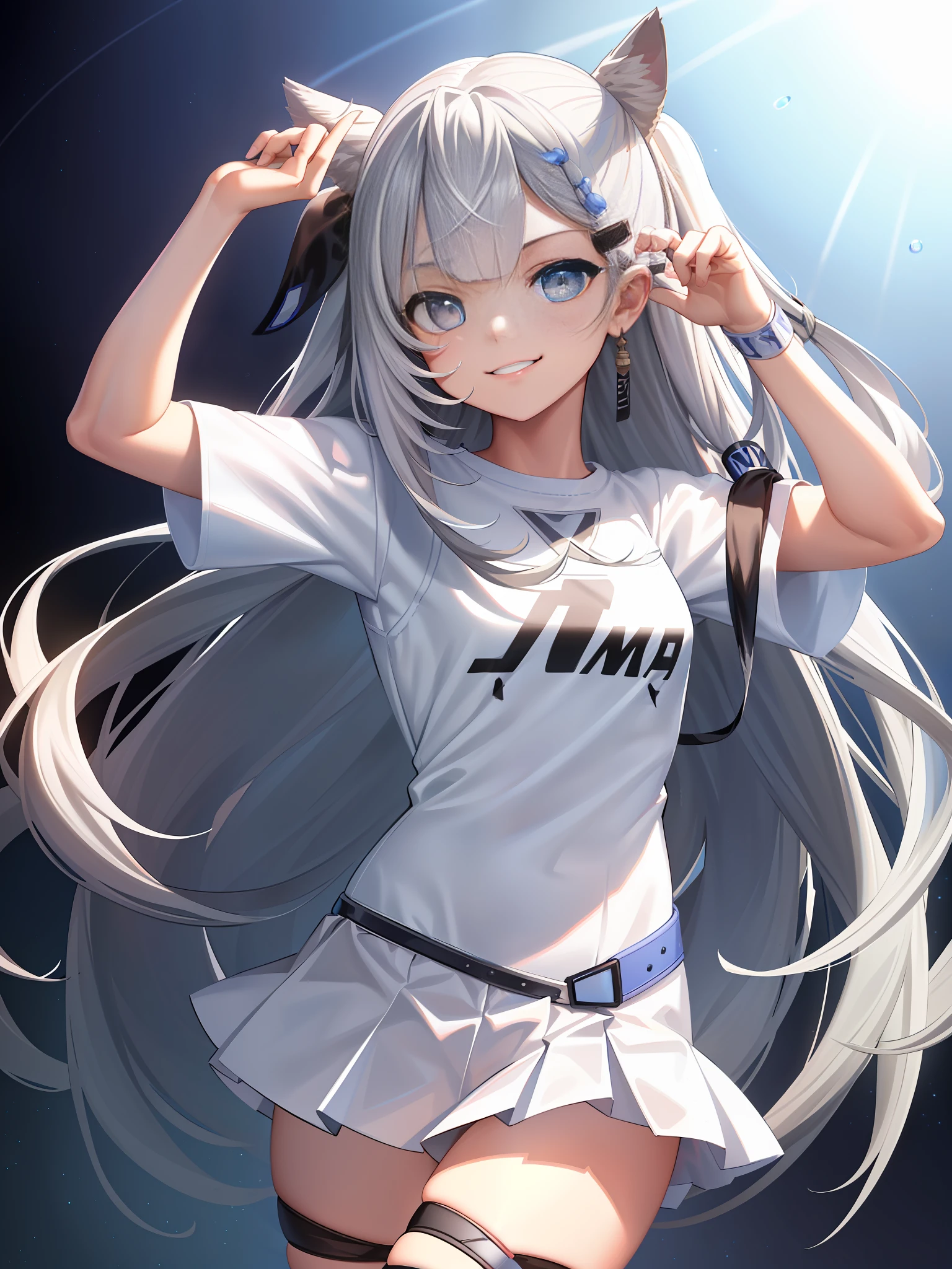 (masterpiece, best quality:1.2), cowboy shot, solo, 1girl, vestia zeta, virtual youtuber, smile, looking at viewer, hair ribbon, hair ornament, white dress, single thighhigh, thigh strap,
 A stylish space background one man design full of bubbles fluffy feeling summer sports T-hug space background Cyberpunk ((white sea blue: 1.3) + (fashion: 1.1) + (trendy: 1.2)), (puma logo ), (crown rendering), ((summer sports t-hu concept + concept art design): 1.3), (8K: 1.3), (2:3 aspect ratio + Q2 warm color), (750 pixels) , ((fashion elements) :( 1.1+ Navy white t-shirt combined with fashion elements)), (Dynamic: 5)