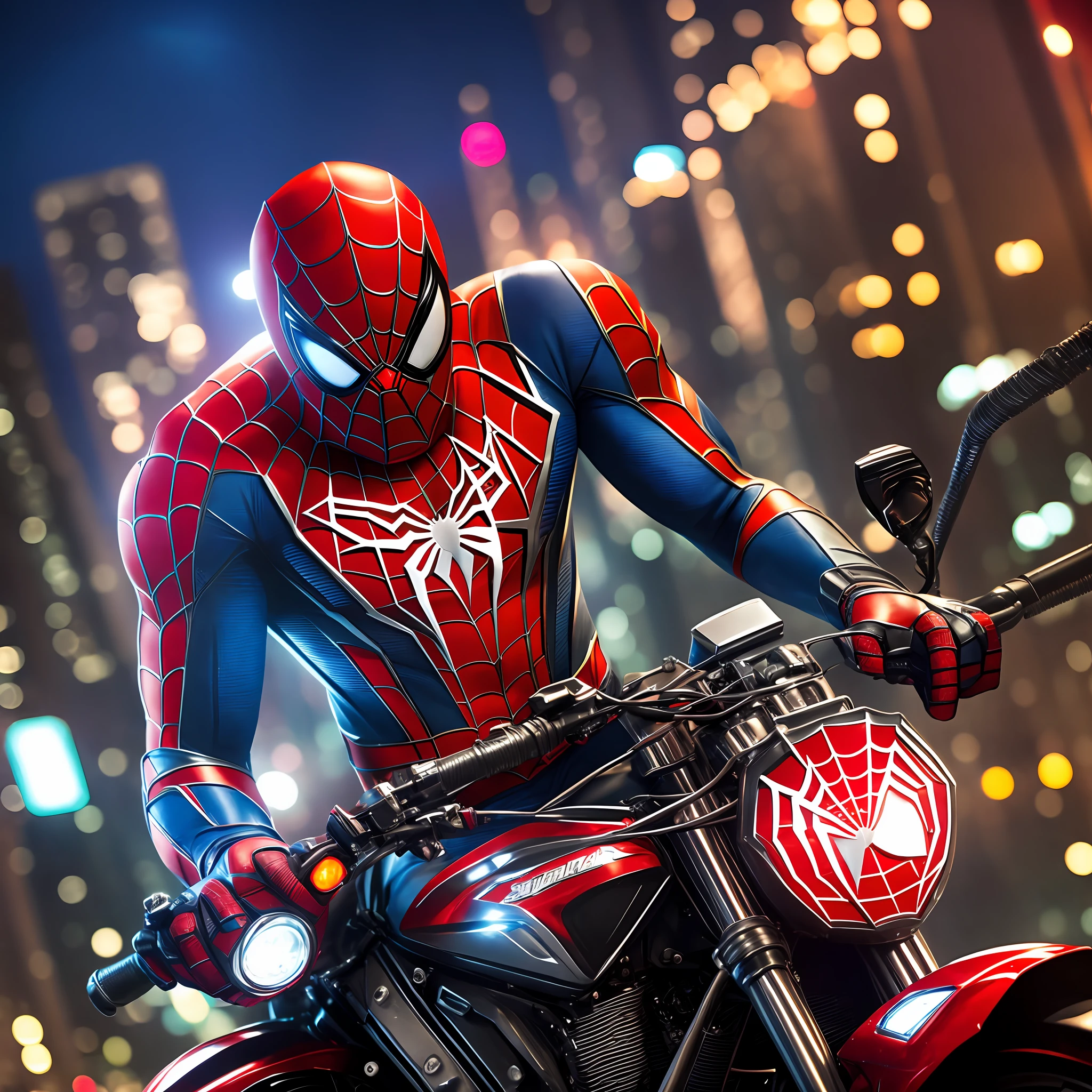 The spectacular Spider-Man on a motorcycle, extremely detailed red white and black suit, intricate reflections, nighttime environment with neon lights, soft lighting, cinematic, digital art, hyper realistic, masterpiece, close focus, perfect angle, movie scene, rpg 4 style, impactful picture, HD in 32k--no warping, no drawn style or hq --auto --s2