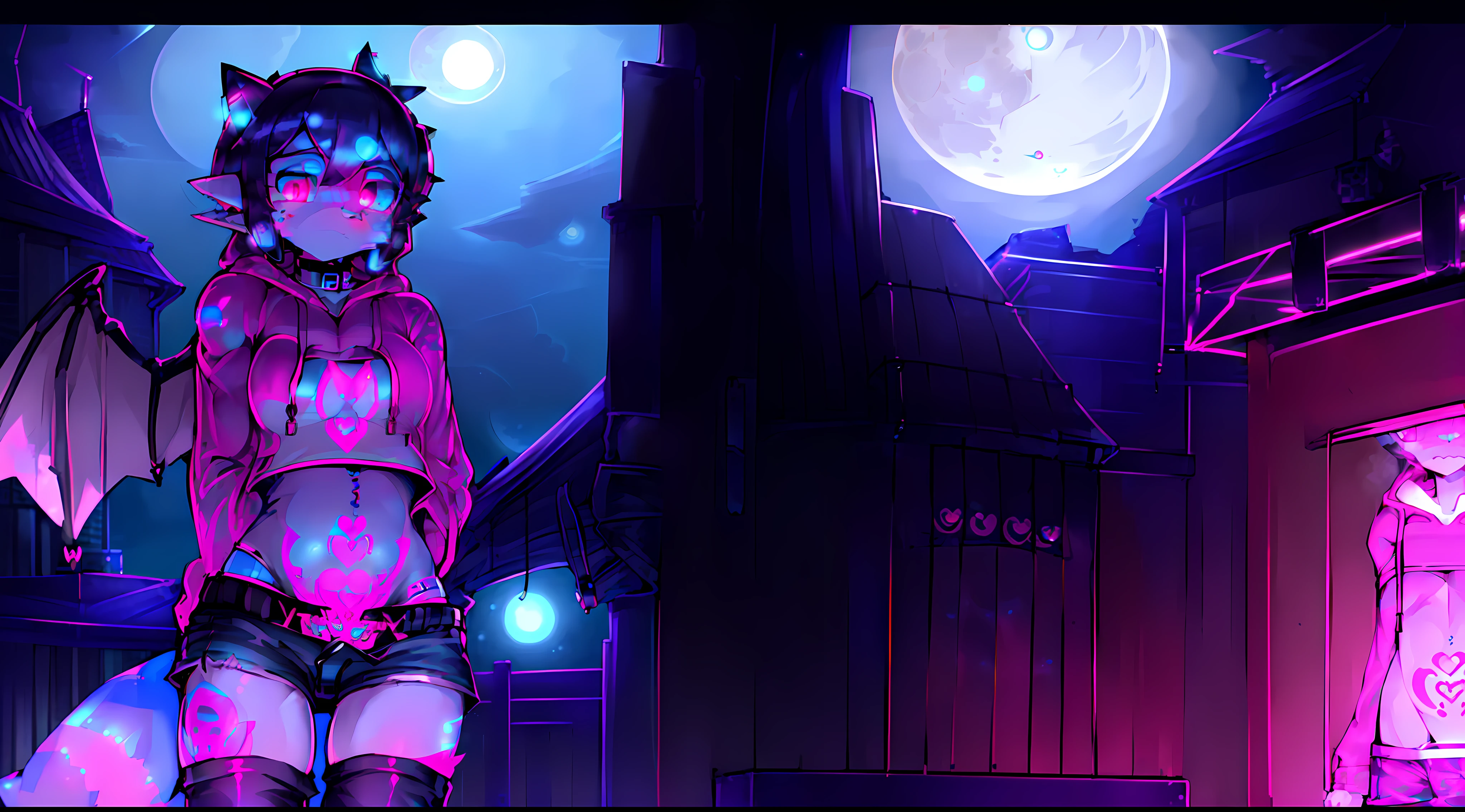 Black Fox, (White Body:1.3), (((masterpiece))), collar, (Dragon Wings:1.45), (headphones:1.4), short hair, black hair, blush, (headphones:1.55), ((Thigh High Socks, Femboy Clothing, Femboy Thigh Highs:1.2)), ((a blue eye left, a pink eyes right:1.55)), (((Femboy))), full body, ((womb tattoo, glowing tattoo:1.52)), ((guy look like women:1.52)), (fox tail:1.52), Full HD, 8K, ((short pant, Hoodie crop:1.52)), ((underwear:1.45)), ((full moon, blue moon:1.45)) public indecency,  small breasts, (Trap:1.55), (shy:1.55)