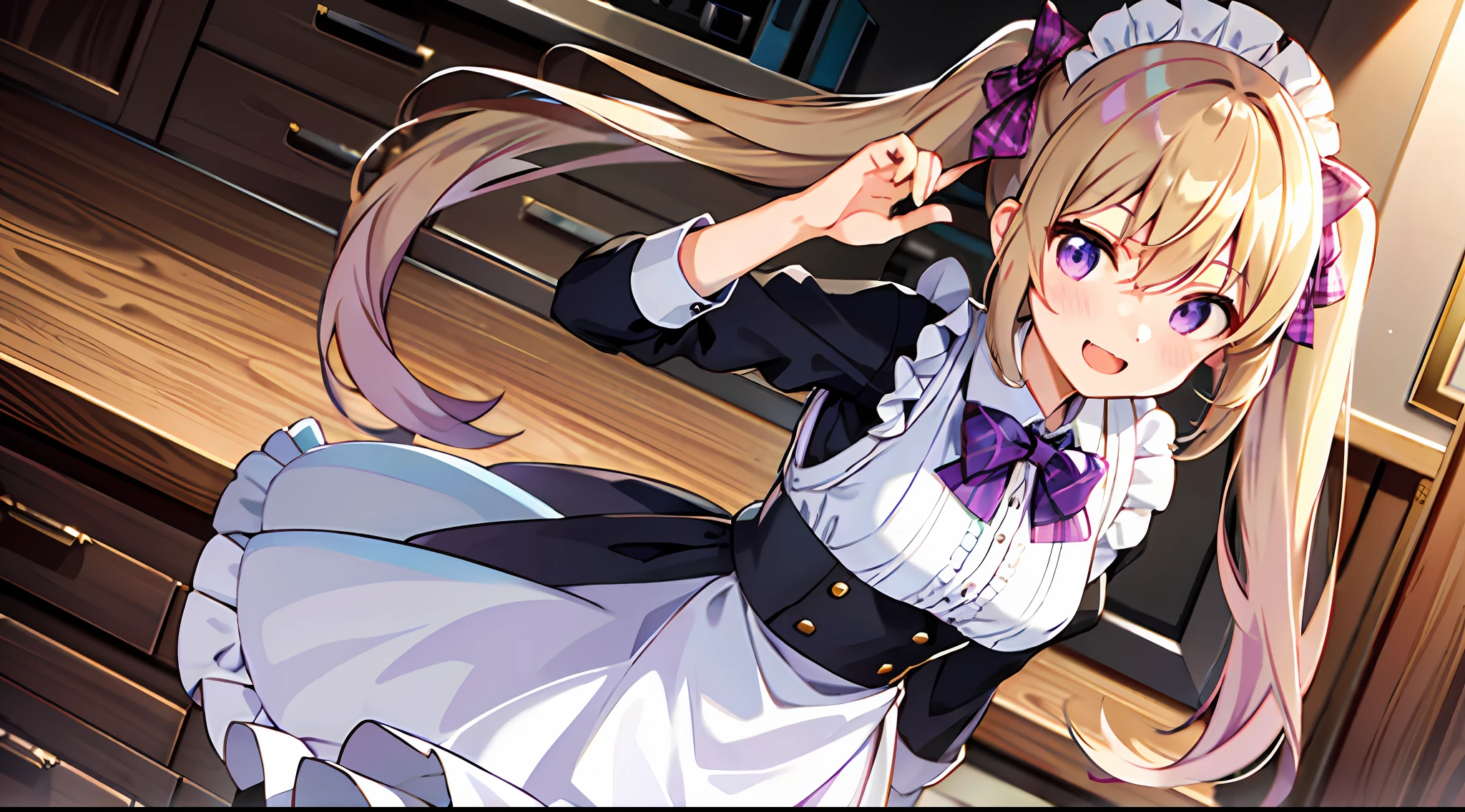 1girl, purple eyes, pantyhose, blush, long hair, twintails, plaid skirt, bow, solo focus, brown hair, bangs, hair between eyes, blue bow, open mouth, smile, indoors, fang, kitchen hood,very long hair, plaid bow, breasts, sleeves past wrists, blonde hair, housewife, apron, waist apron, fangs, maid, short pleated skirt