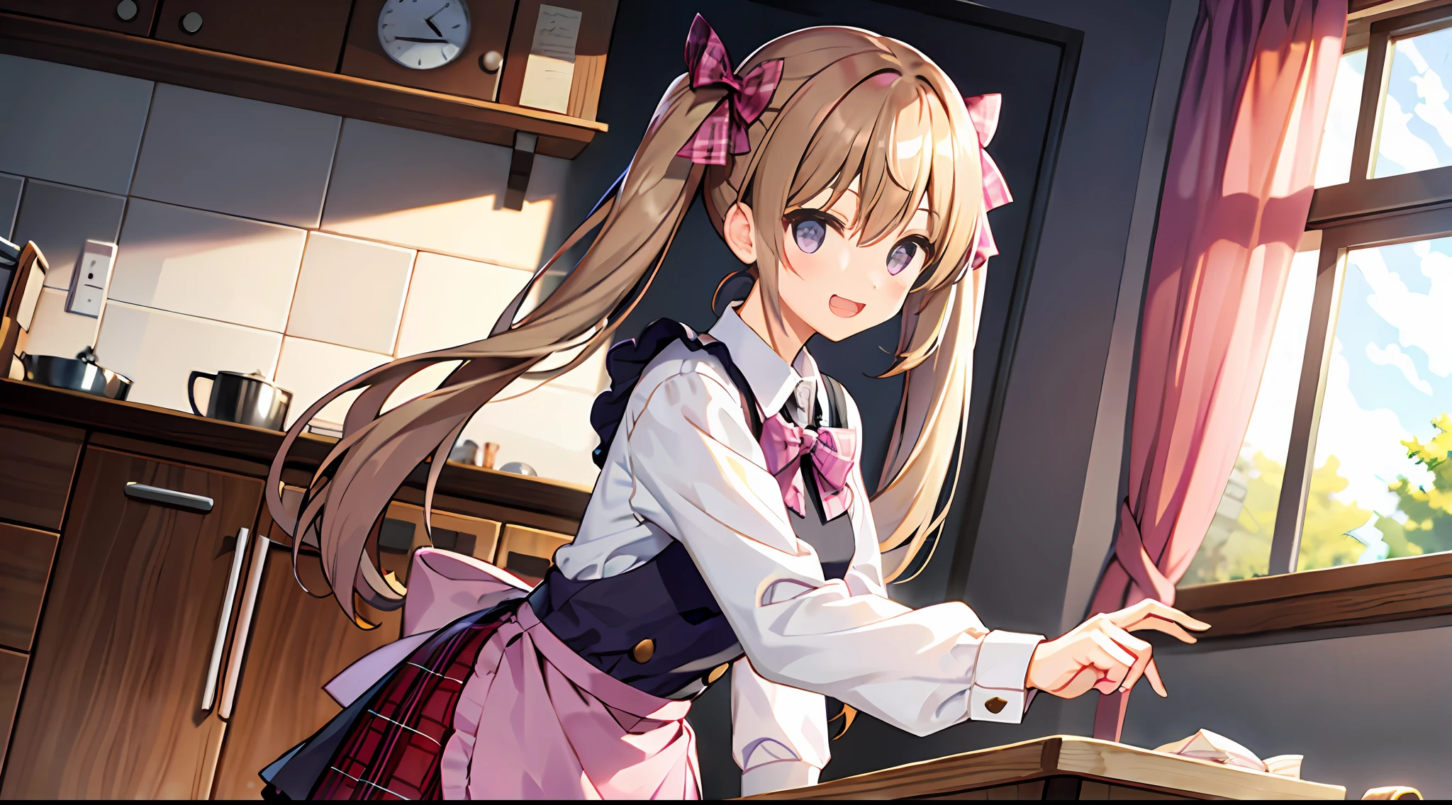 1girl, purple eyes, pantyhose, blush, long hair, twintails, plaid skirt, bow, solo focus, brown hair, bangs, hair between eyes, blue bow, open mouth, smile, indoors, fang, kitchen hood,very long hair, plaid bow, breasts, sleeves past wrists, blonde hair, housewife, apron, waist apron, fangs, maid, short pleated skirt