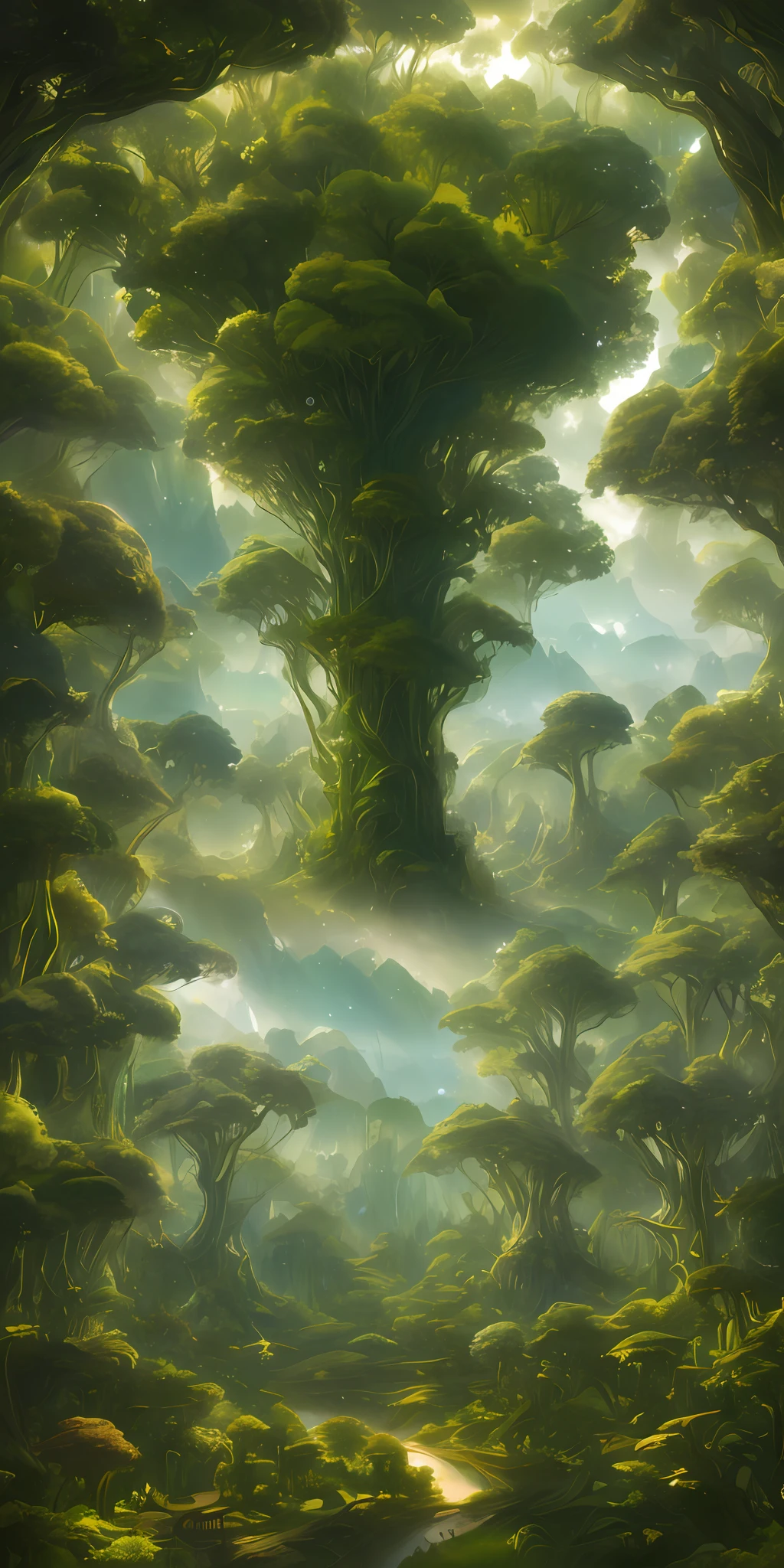 Illustration of a surreal, otherworldly, hyper sky scene including a giant crystal tree full body, highly detailed and magical lighting, intricate forest details, vegetation and surrounding river, solar punk, landscape, giant tree , beautiful green leaves, beautiful lighting and realistic proportions, as if this is a movie background, 8k, highest quality, masterpiece, clouds and stars in the sky.