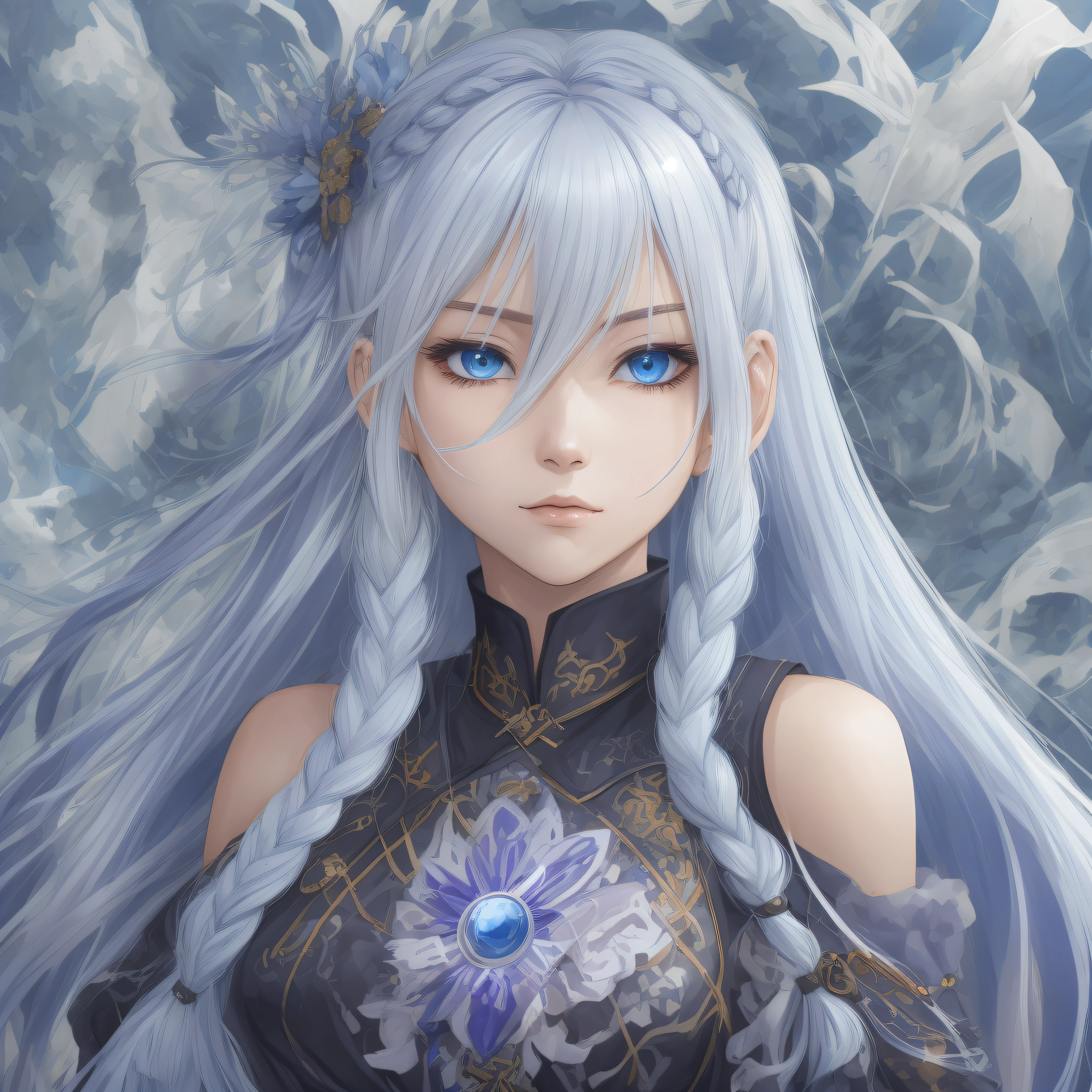 Genshin Impact Game Character with blue quartz eye color, long white hair with large braids --auto --s2