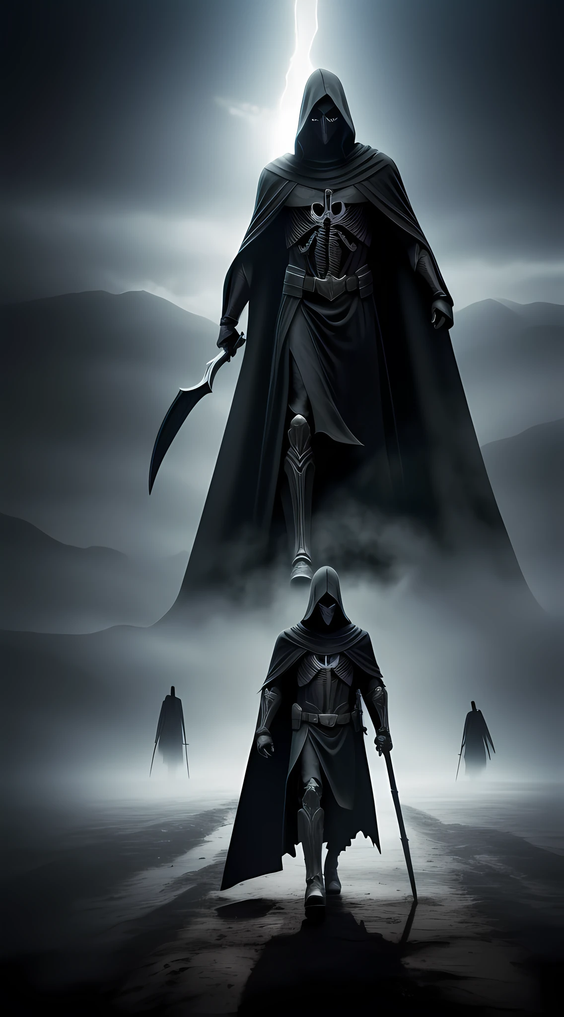 A full-body photo captures the image of the Eternal Reaper, wrapped in a black cloak, (emerging from the dense mist: 5). With a scythe: 1.2 sharp in a skeletal hand, his empty eyes glow supernaturally. His skeletal and imposing figure dominates the scene, conveying an aura of power and mystery. The dark image, intricate details, perfect features, dramatic, cinematic lighting, accent lighting, SSAA, smooth render, high details, super detail, 8k, 16k, best quality