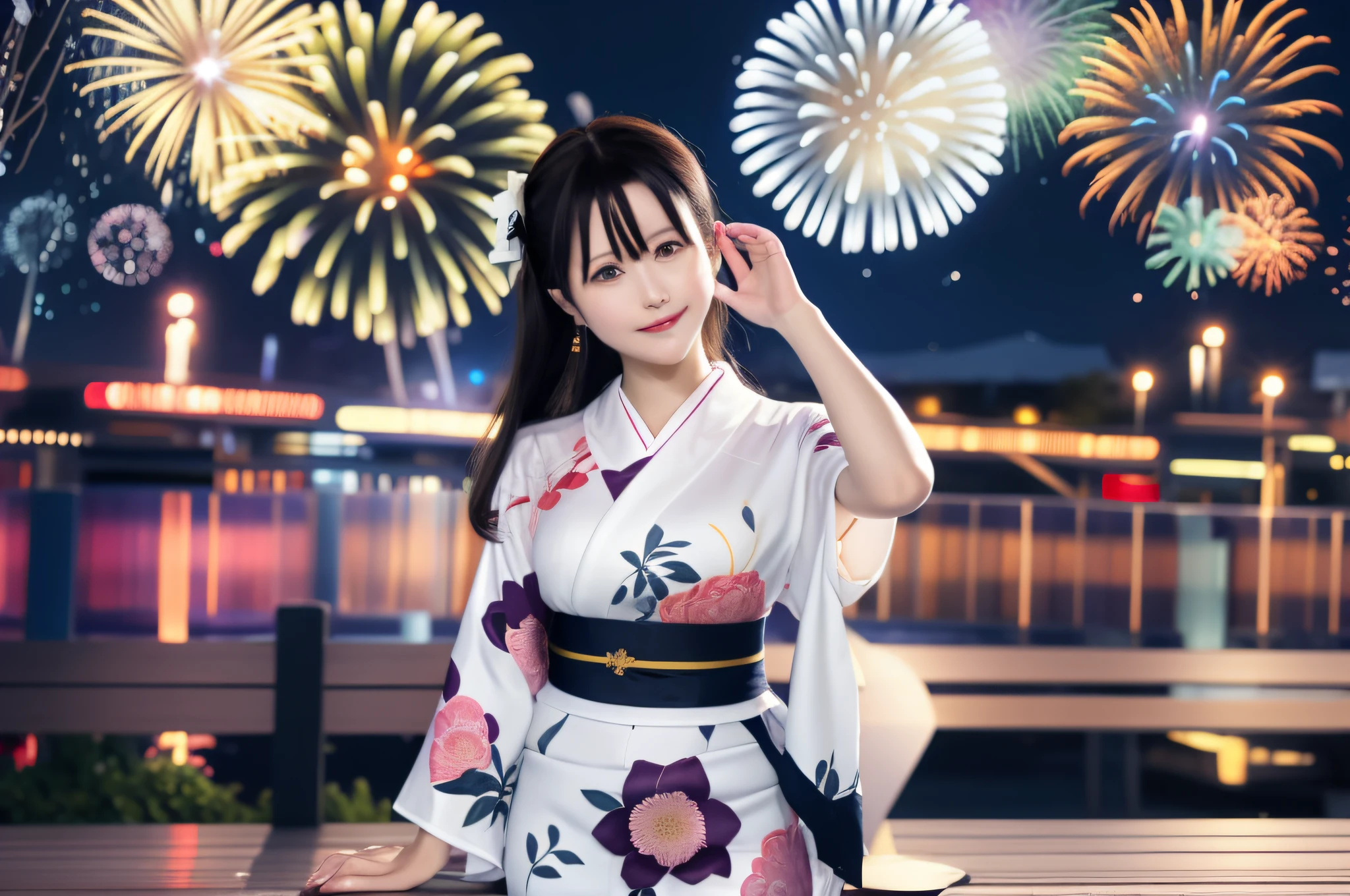 araffe woman in kimono dress sitting on a bench with fireworks in the background, classy yukata clothing, yukata clothing, in kimono, in a kimono, firework, japanese goddess, japanese kimono, [ fireworks in the sky ]!!, 奈良美智, sakimichan, fireworks, wearing kimono, wearing a kimono