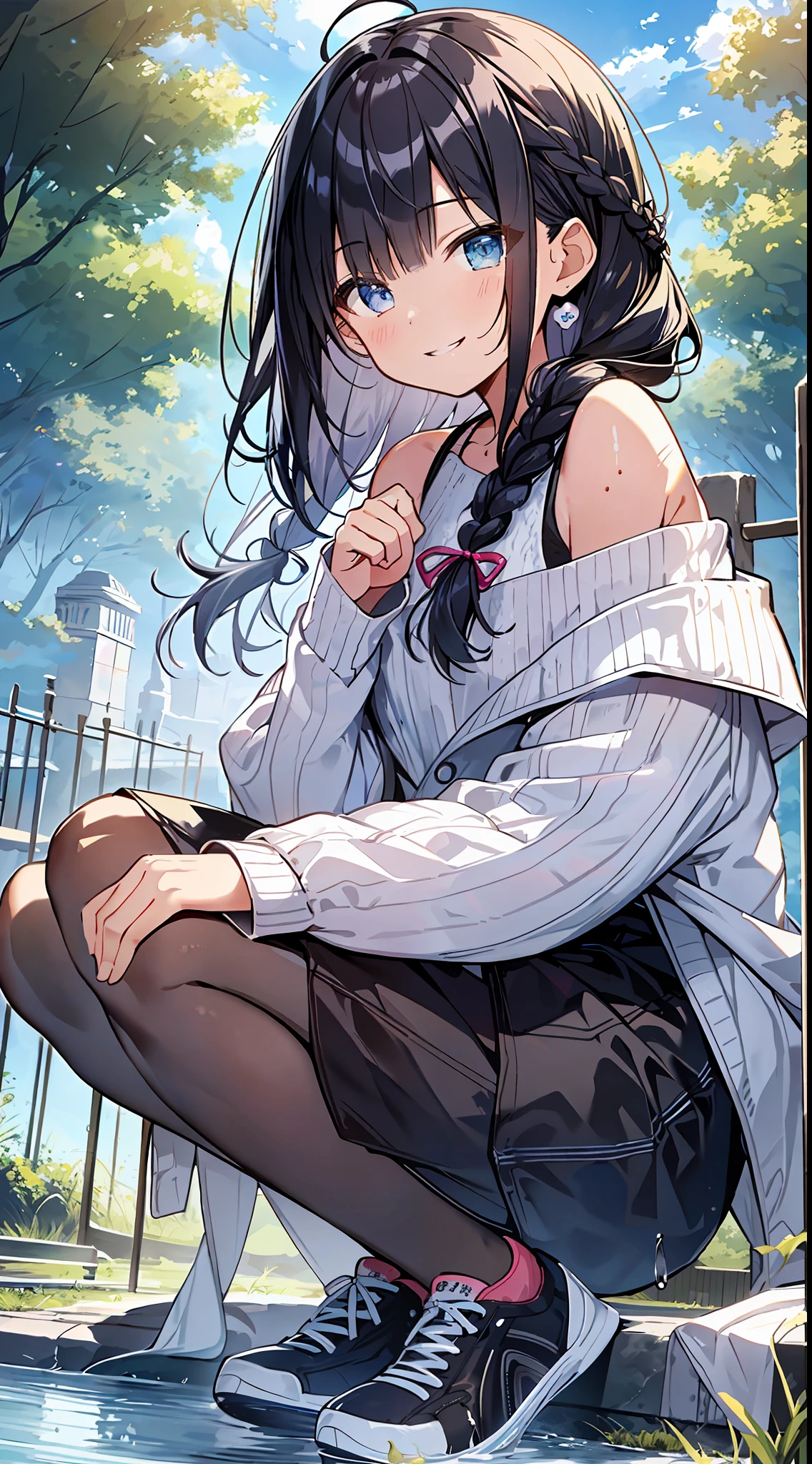 Top Quality, Masterpiece, Ultra High Definition, 8K, Summer Sky, Early Summer, (Shorts, Light Knitwear, Sneakers), Shojo Manga Style , One, Soft Line Art, Digital Enhancement, Shojo Manga Touch, Shoujo Manga Core, Flowing Fabric, Close Up, (Hair length and short braid to the shoulders)), Wet Hair, Staring at us from the front, Soft drawing, Beautiful Black Hair, Clear eyes, ((teasing smile)), ultra-detailed digital anime art, clear face depiction, ultra-detailed shoujo manga character art, ultra-detailed manga style, top quality colors, hand gestures, landscape with nature, looking up at the sky, angle visible to the feet, crouching