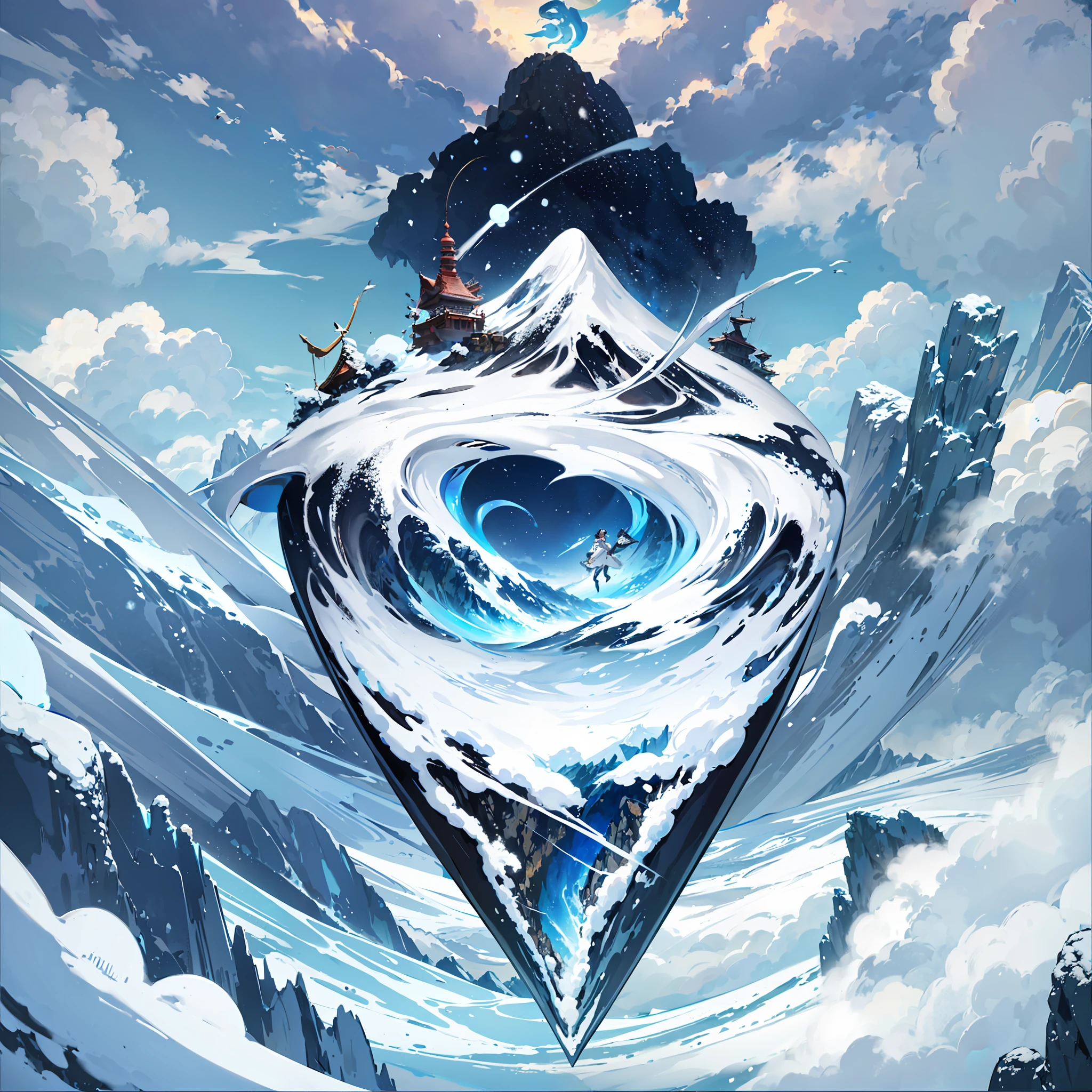 Cartoon illustration of snow snowy mountains, island background, flying island, floating and flying island, flying snow mountain, isometric island in the sky, snow mountain in the sky, isometric 3D fantasy island, snow mountain with cave, fantasy world map, island in background, isometric fantasy map, floating island, mobile game background cut-in, from above, three sided view, Ukiyo-e --auto --s2