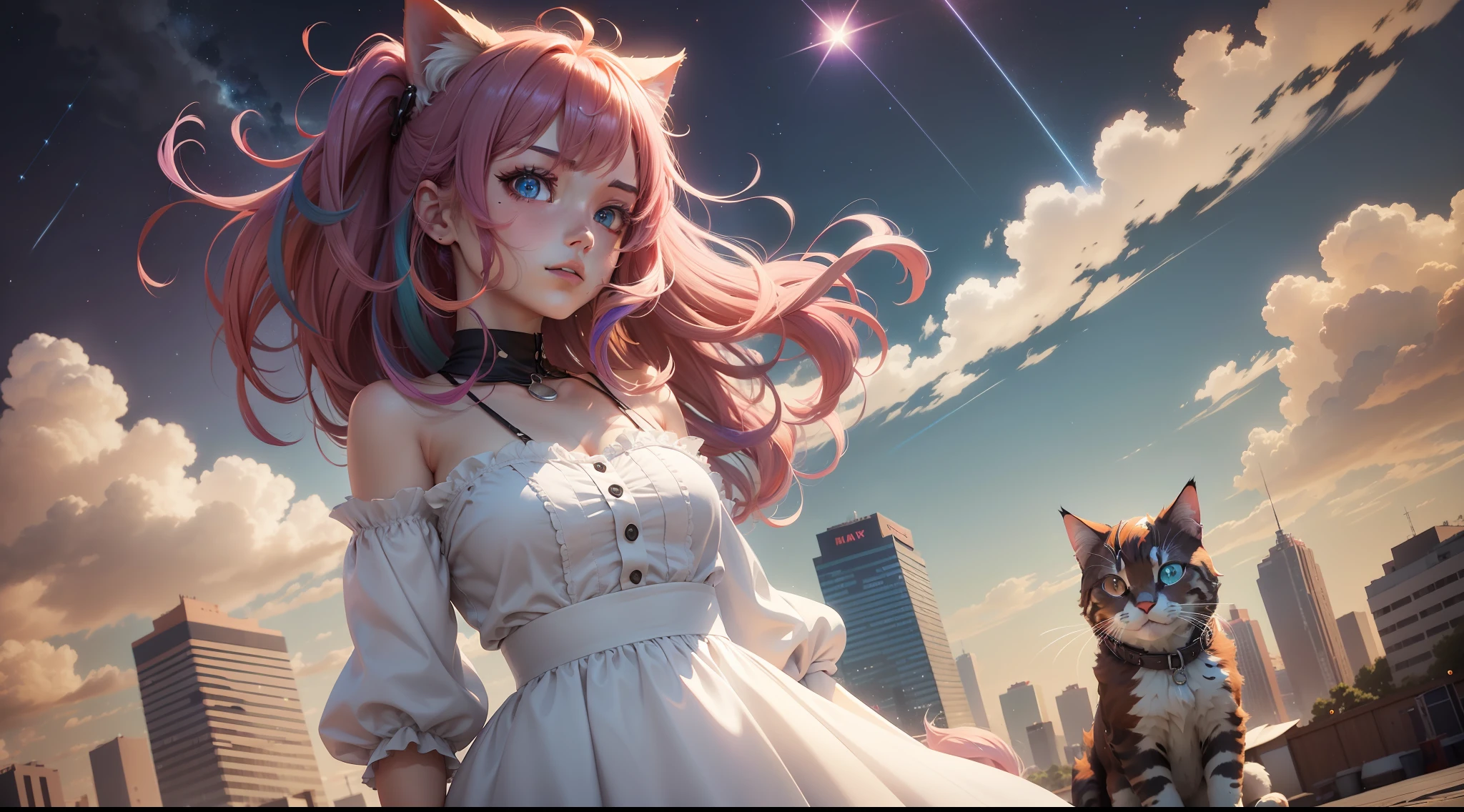 multicolored hair, multicolored hair, floating hair, The wind blows up the hair, The wind blows up the hair, The wind blows up the hair, hair bobbles, hair bobbles, mismatched pupils, aqua eyes, cat ears, frustrated, Standing under the starry sky, Standing under the starry sky, Standing under the starry sky, anime, ray tracing, reflection light, vignetting, sparkle, close-up, Wide-Angle, Wide-Angle, 1080P