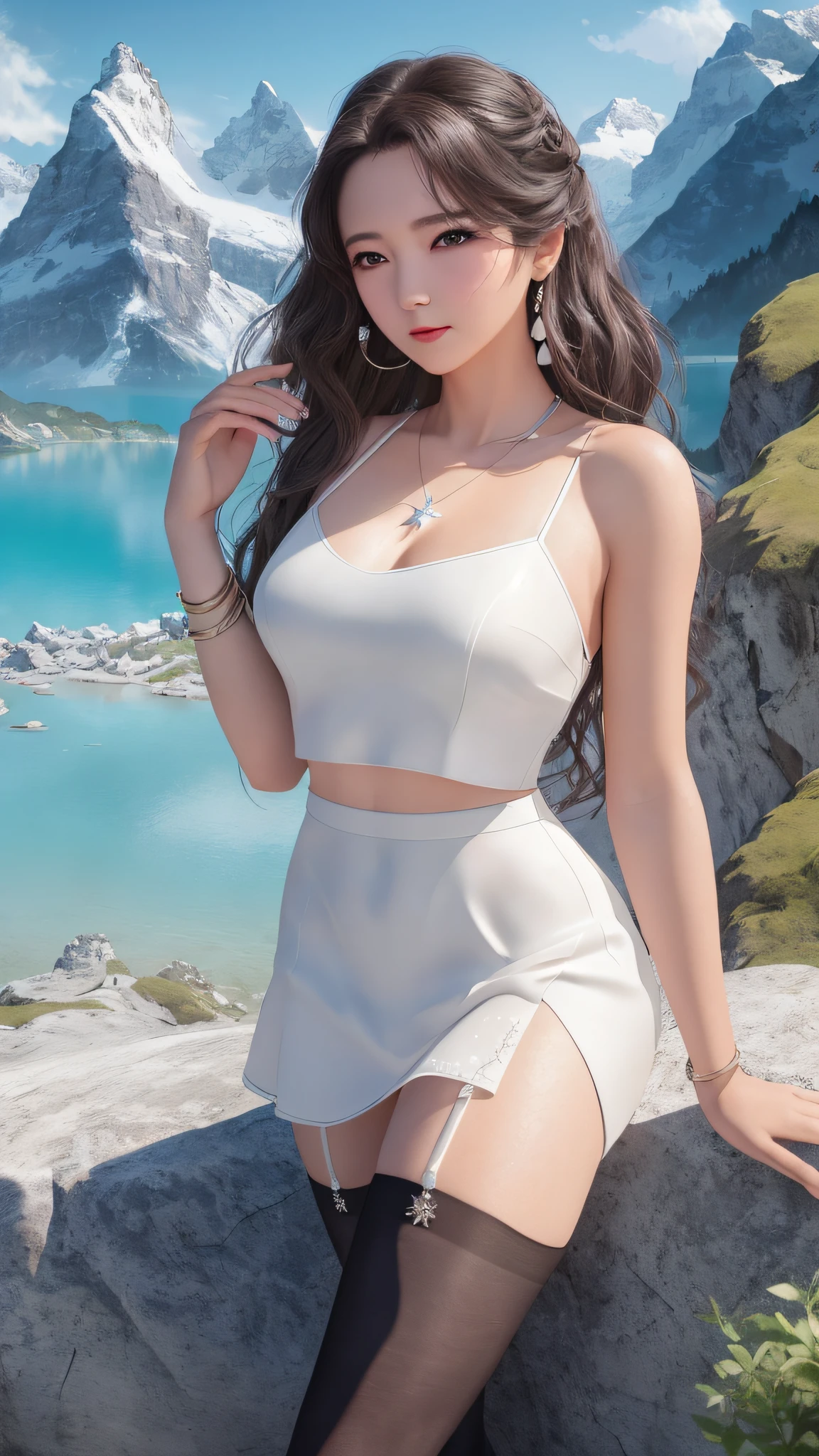 araffe woman in white dress posing on a rock near a lake, white silky outfit, smooth white tight clothes suit, trending on cgstation, photorealistic anime girl render, render of april, white skirt and barechest, artwork in the style of guweiz, realistic fantasy render, white outfit, pale milky white porcelain skin, hot with shining sun