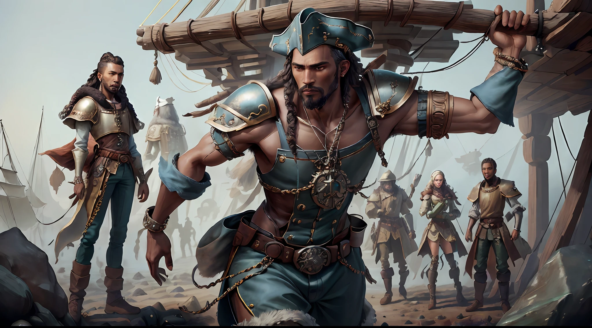 (((multi-person interaction, with men and women))), (highly detailed RAW color photos, ridiculous resolution, high resolution, super detailed), ((r 9 6 angles)), dark skin, handsome, fearless and brave expression, mature, thin shoulders, very thin body, black captive dark pirate hat, white dirty braids, vibrant green eyes, (detailed eyes and detailed face), extremely detailed 8k photo, (full body: 0.9), beautiful woman, outboard, offboard background, detailed face, (Medieval Fantasy Theme: 1.3), Light Blue Pirate Theme Armor with Highly Intricate Details, Blue Pants, Ship in the Background, Inside the Ship, Deck of the Ship, Inspired by Dungeons & Dragons, Digital Artwork, Surreal, Photography, Soft Lighting, Soft Detail, Octane, ArtStation Trend, Ultra High Detail, Surreal, Movie, 16k,