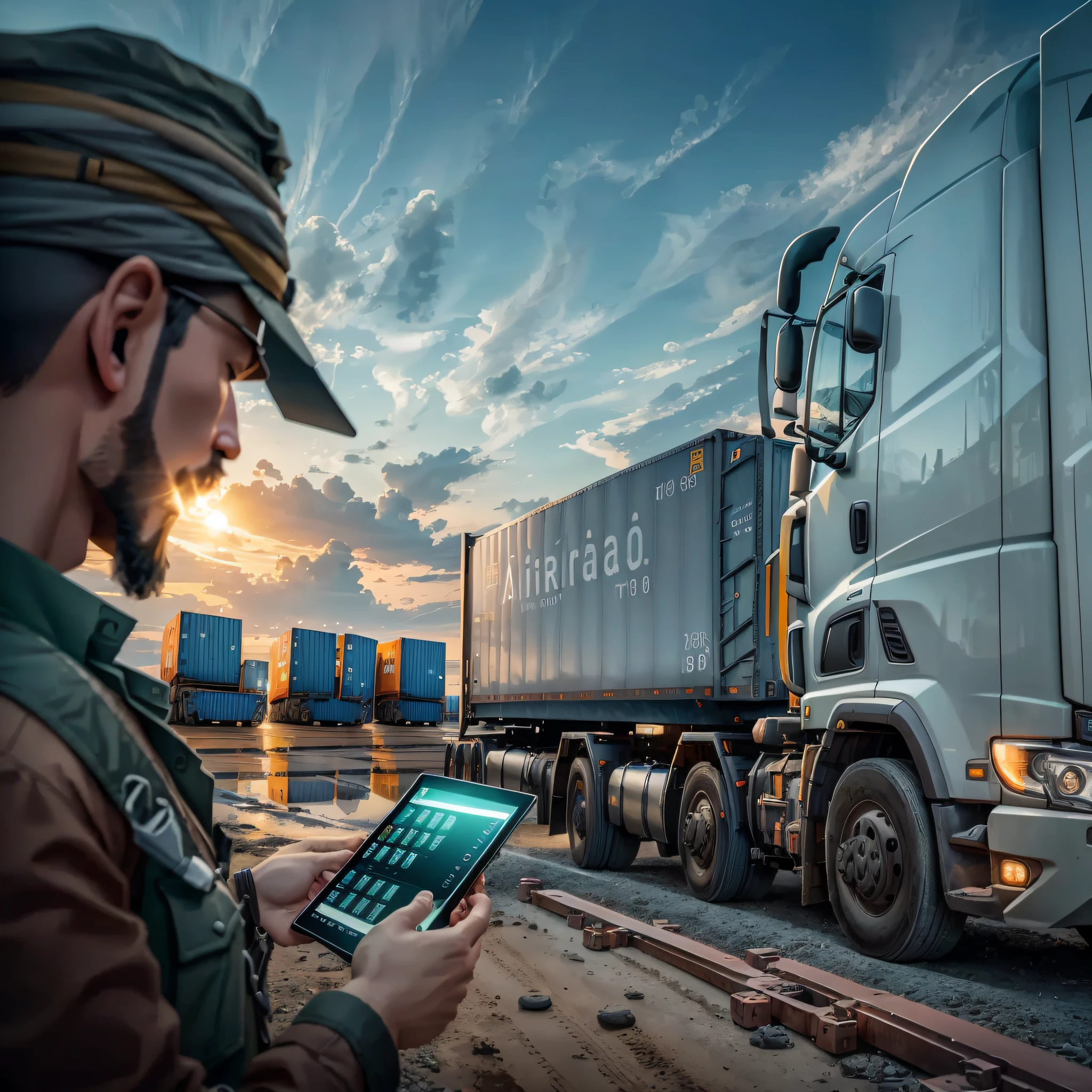 A photo about the logistics aria, background image, with trucks and with a guy in front fiddling with the tablet relating the strategic part 8k, uhd, severe low lighting, high quality, sharp focus, fujifilm XT3 --auto --s2