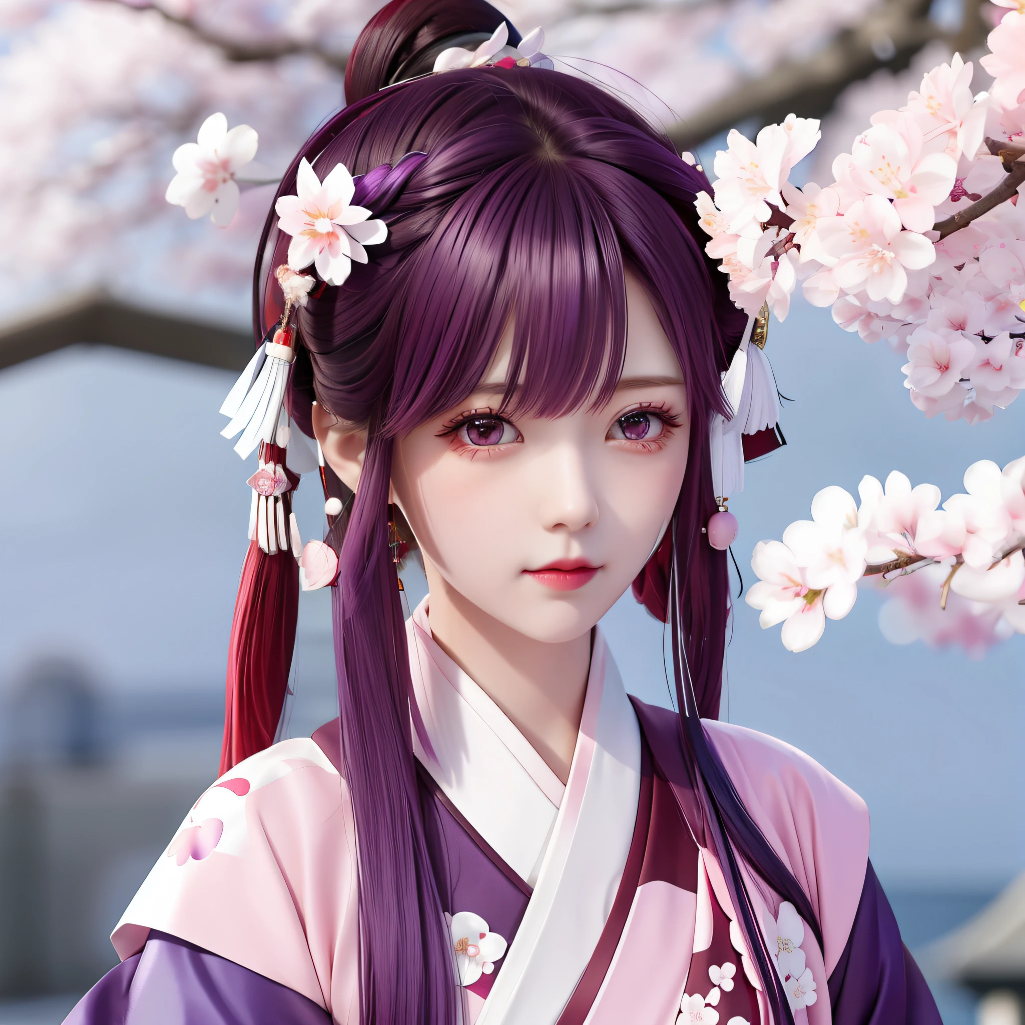 Purple hair, medium length and short hair, cherry blossoms on hair, red-black eyes, white skin, slightly red and shy face, pink hanfu